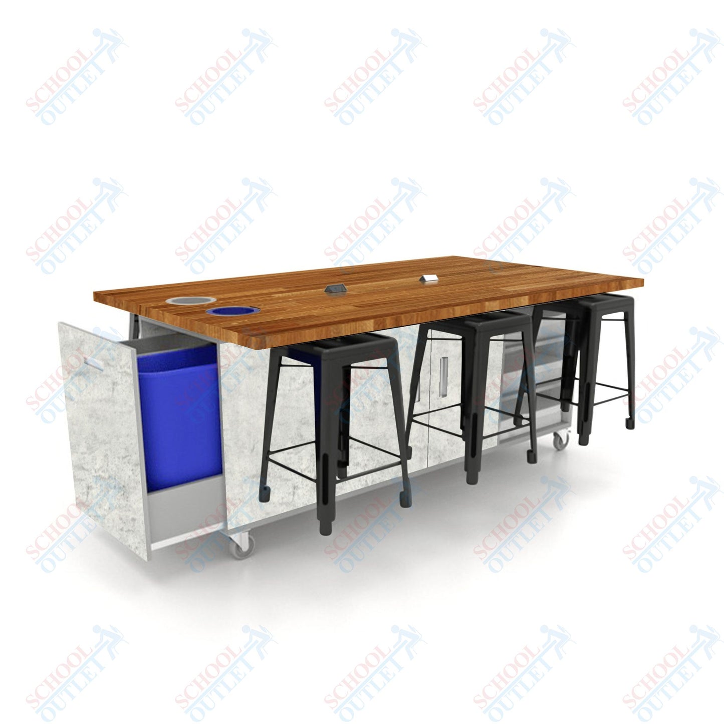 CEF ED Original Table 36"H Butcher Block Top, Laminate Base with  6 Stools, Storage Bins, Trash Bins, and Electrical Outlets Included.