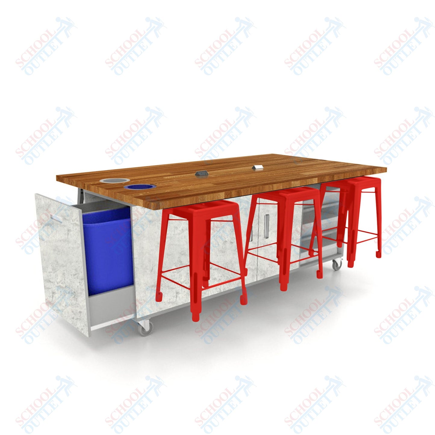 CEF ED Original Table 36"H Butcher Block Top, Laminate Base with  6 Stools, Storage Bins, Trash Bins, and Electrical Outlets Included.