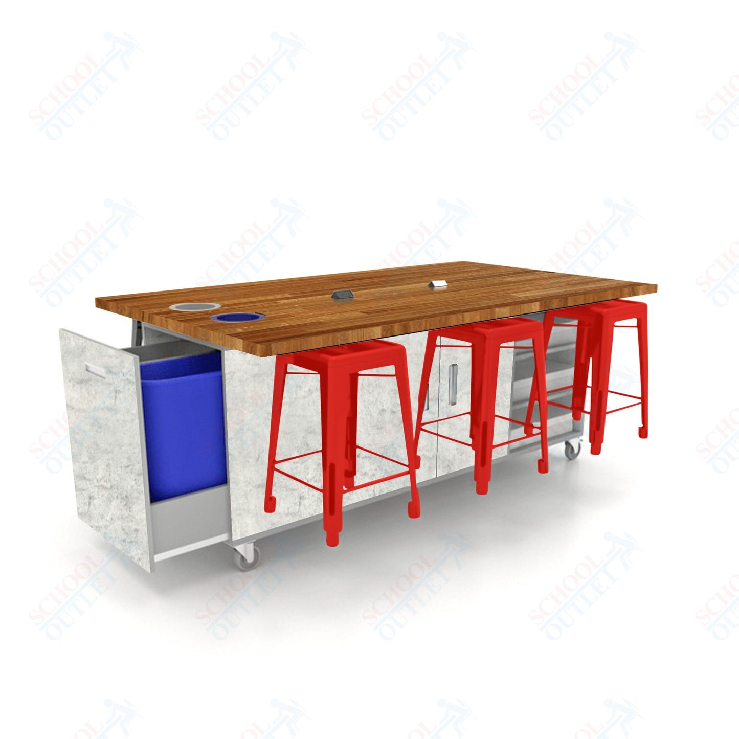 CEF ED Original Table 36"H Butcher Block Top, Laminate Base with  6 Stools, Storage Bins, Trash Bins, and Electrical Outlets Included.