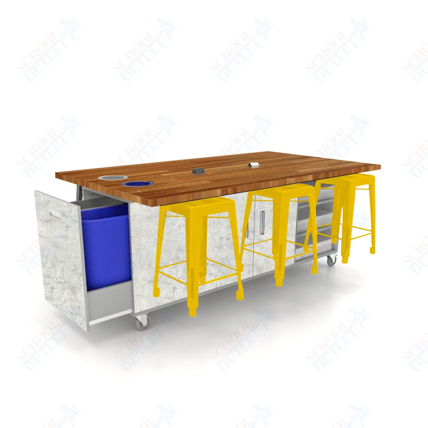 CEF ED Original Table 36"H Butcher Block Top, Laminate Base with  6 Stools, Storage Bins, Trash Bins, and Electrical Outlets Included.