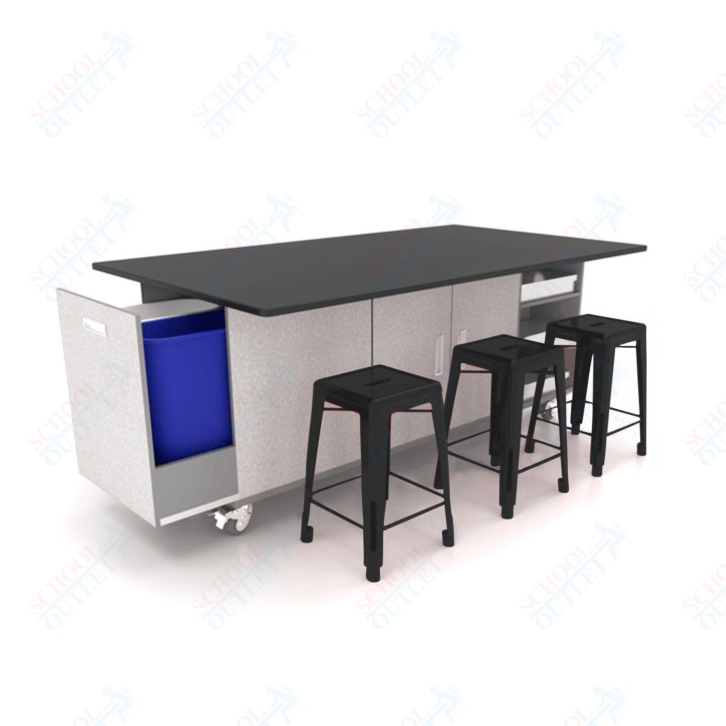 CEF ED Original Table 36"H Chemical Resistant Top, Laminate Base with  6 Stools, Storage Bins, Trash Bins, and Electrical Outlets Included.