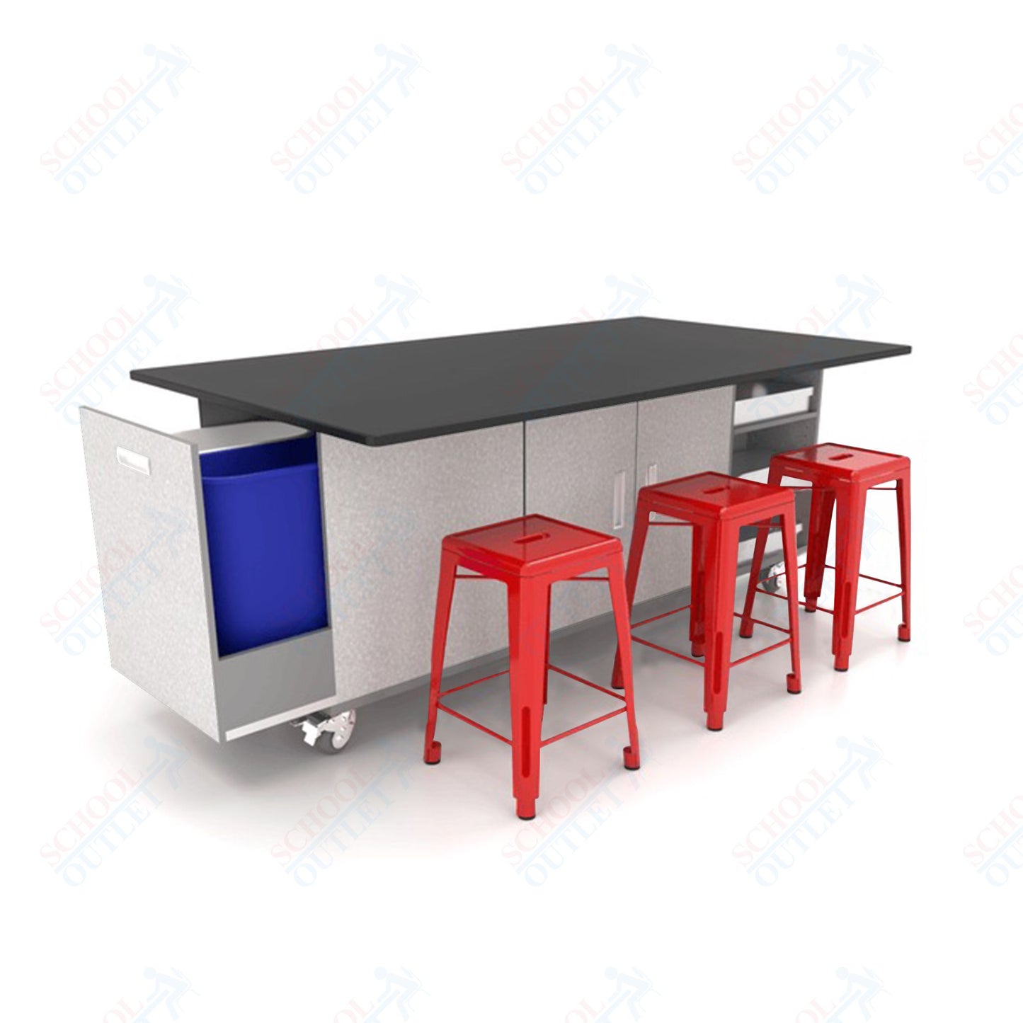 CEF ED Original Table 36"H Chemical Resistant Top, Laminate Base with  6 Stools, Storage Bins, Trash Bins, and Electrical Outlets Included.