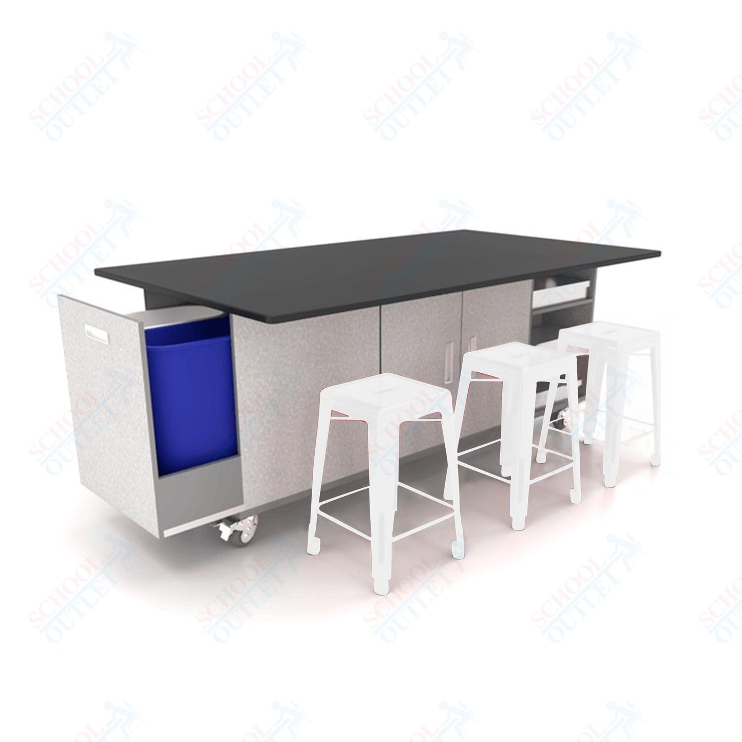 CEF ED Original Table 36"H Chemical Resistant Top, Laminate Base with  6 Stools, Storage Bins, Trash Bins, and Electrical Outlets Included.