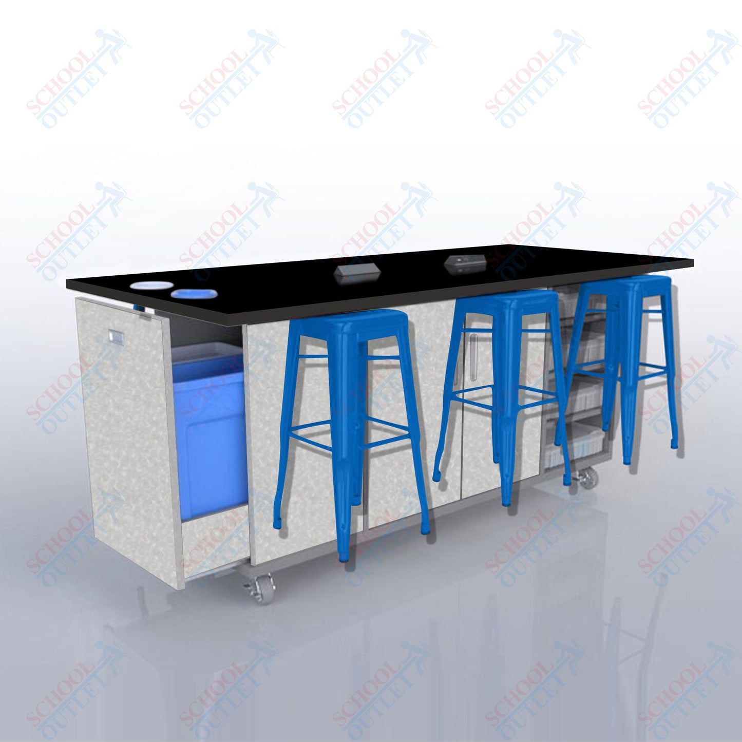 CEF ED Original Table 36"H High Pressure Laminate Top, Laminate Base with  6 Stools, Storage Bins, Trash Bins, and Electrical Outlets Included.