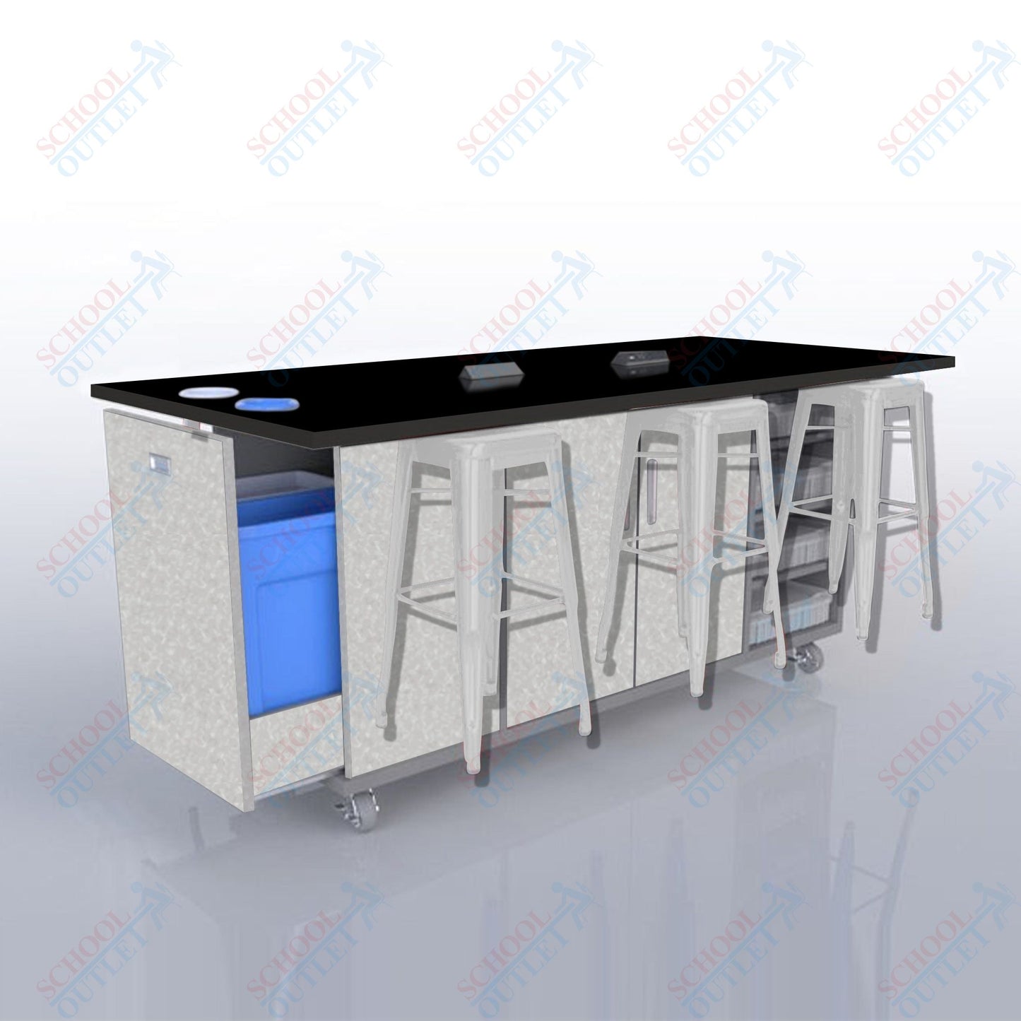 CEF ED Original Table 36"H High Pressure Laminate Top, Laminate Base with  6 Stools, Storage Bins, Trash Bins, and Electrical Outlets Included.