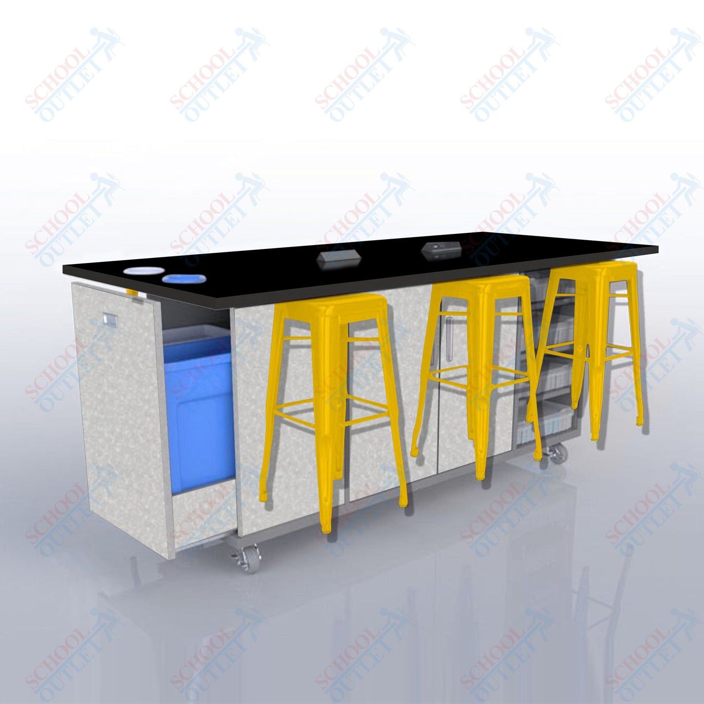 CEF ED Original Table 36"H High Pressure Laminate Top, Laminate Base with  6 Stools, Storage Bins, Trash Bins, and Electrical Outlets Included.