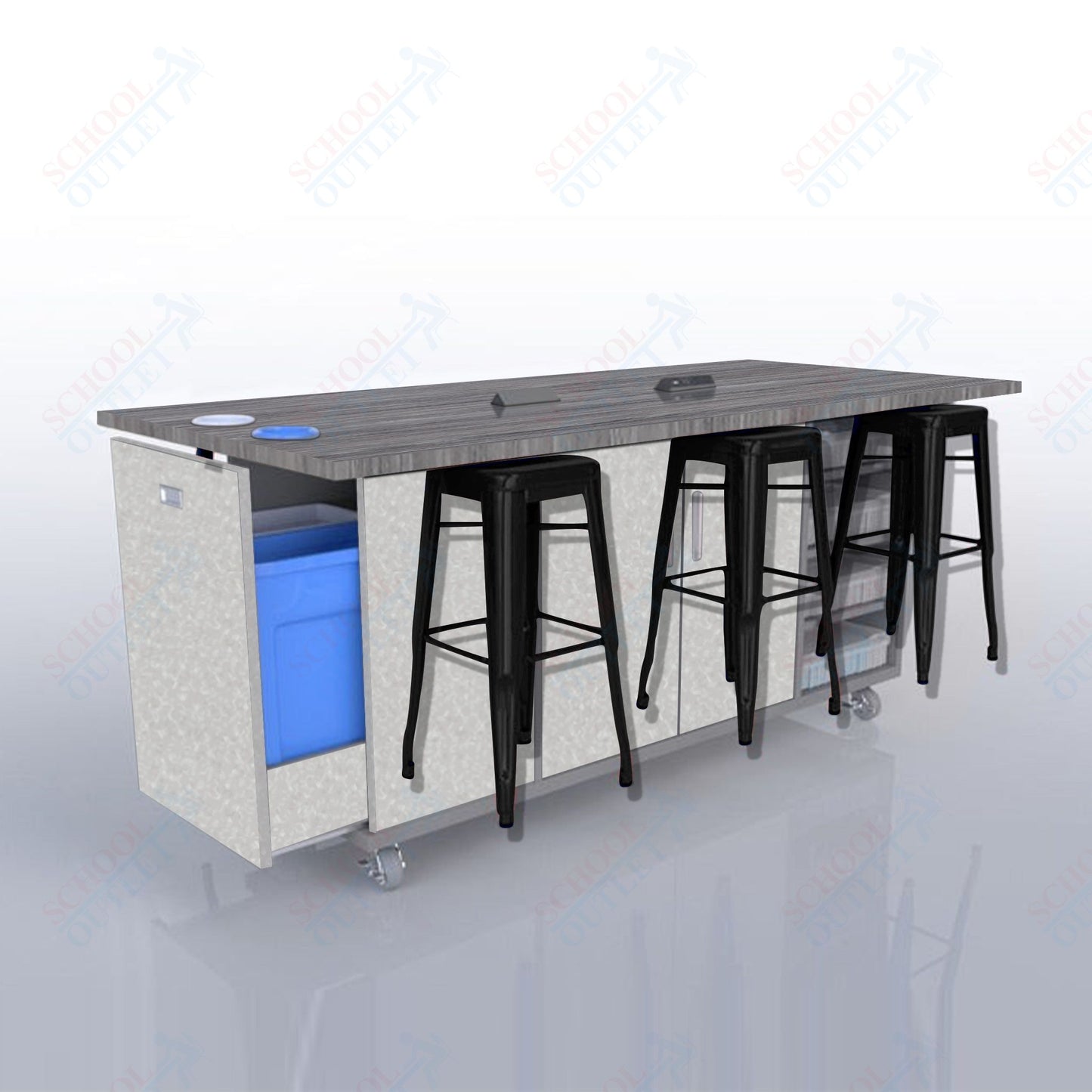 CEF ED Original Table 36"H High Pressure Laminate Top, Laminate Base with  6 Stools, Storage Bins, Trash Bins, and Electrical Outlets Included.