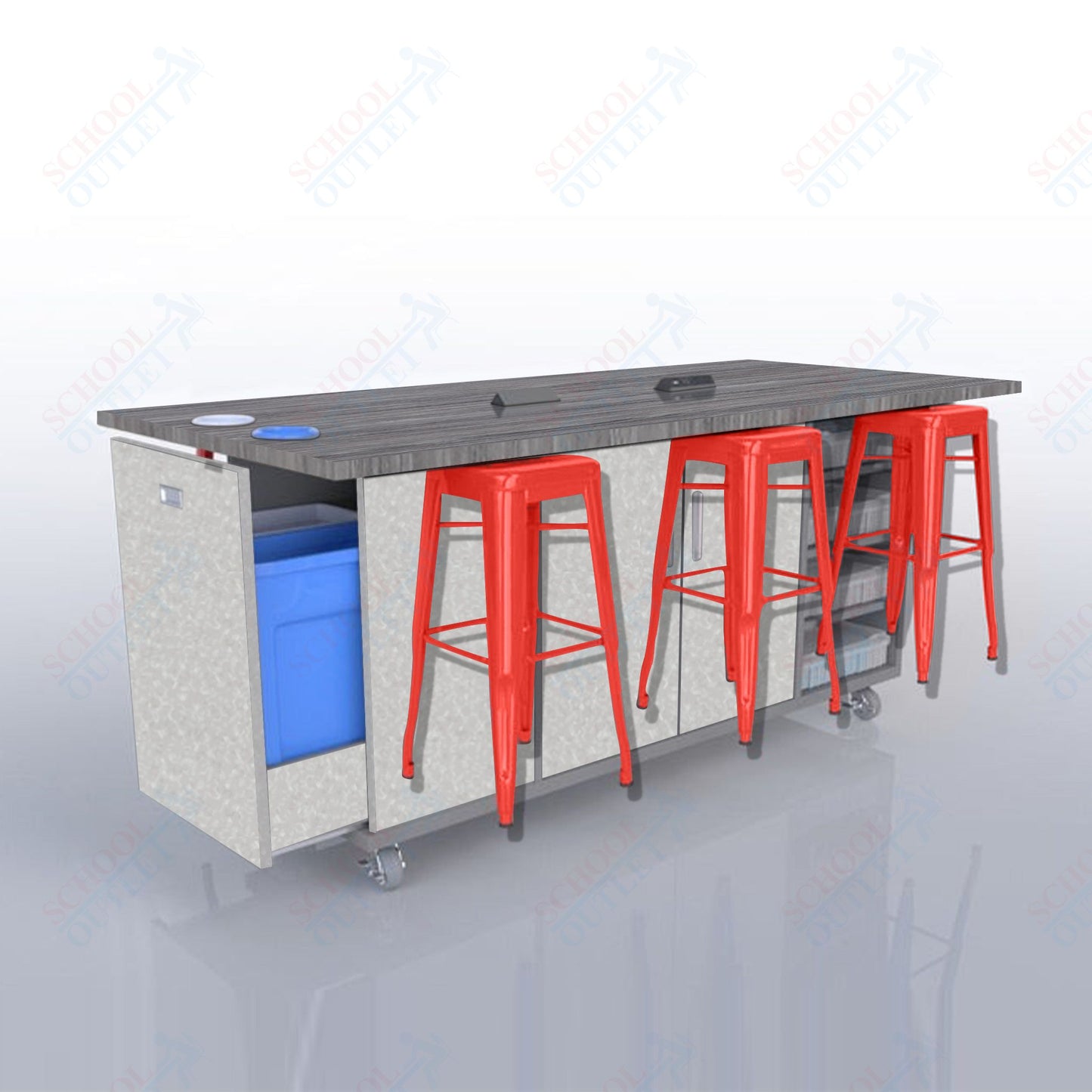 CEF ED Original Table 36"H High Pressure Laminate Top, Laminate Base with  6 Stools, Storage Bins, Trash Bins, and Electrical Outlets Included.