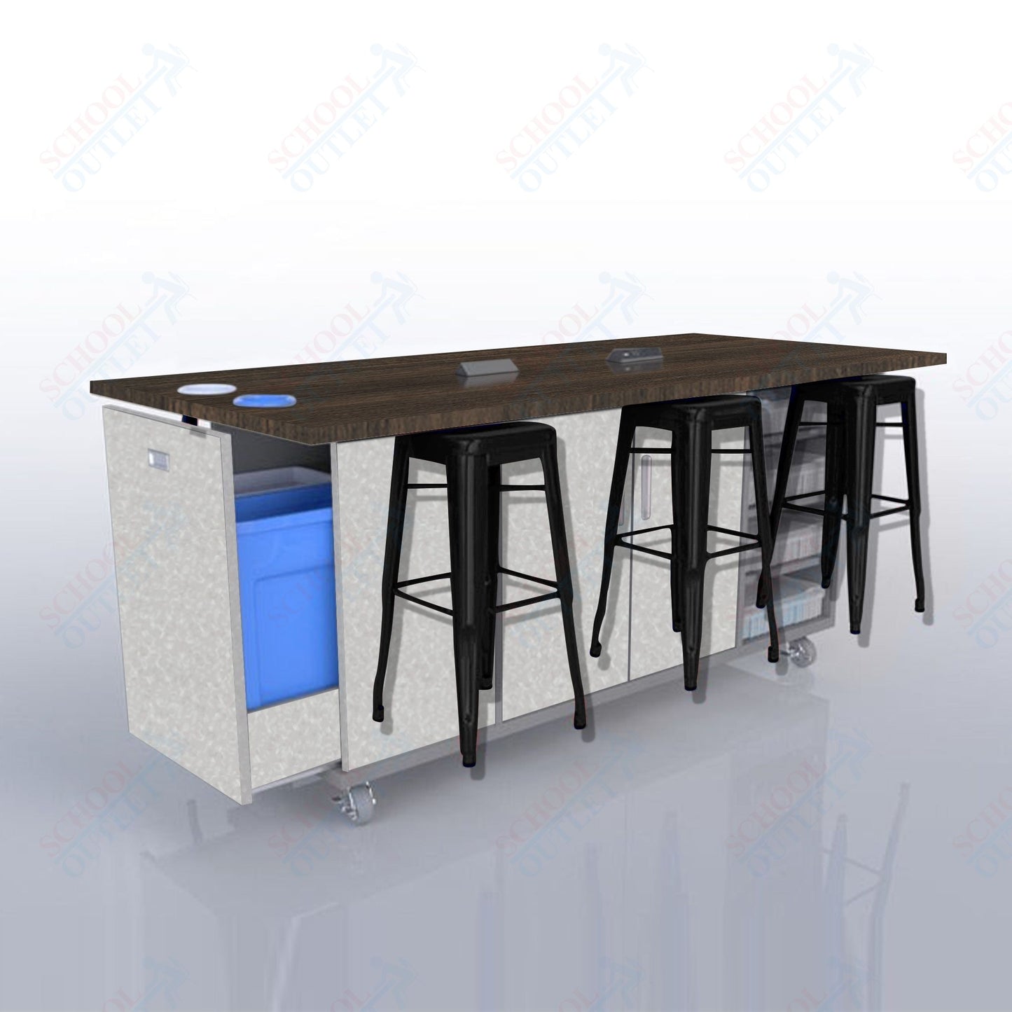 CEF ED Original Table 36"H High Pressure Laminate Top, Laminate Base with  6 Stools, Storage Bins, Trash Bins, and Electrical Outlets Included.