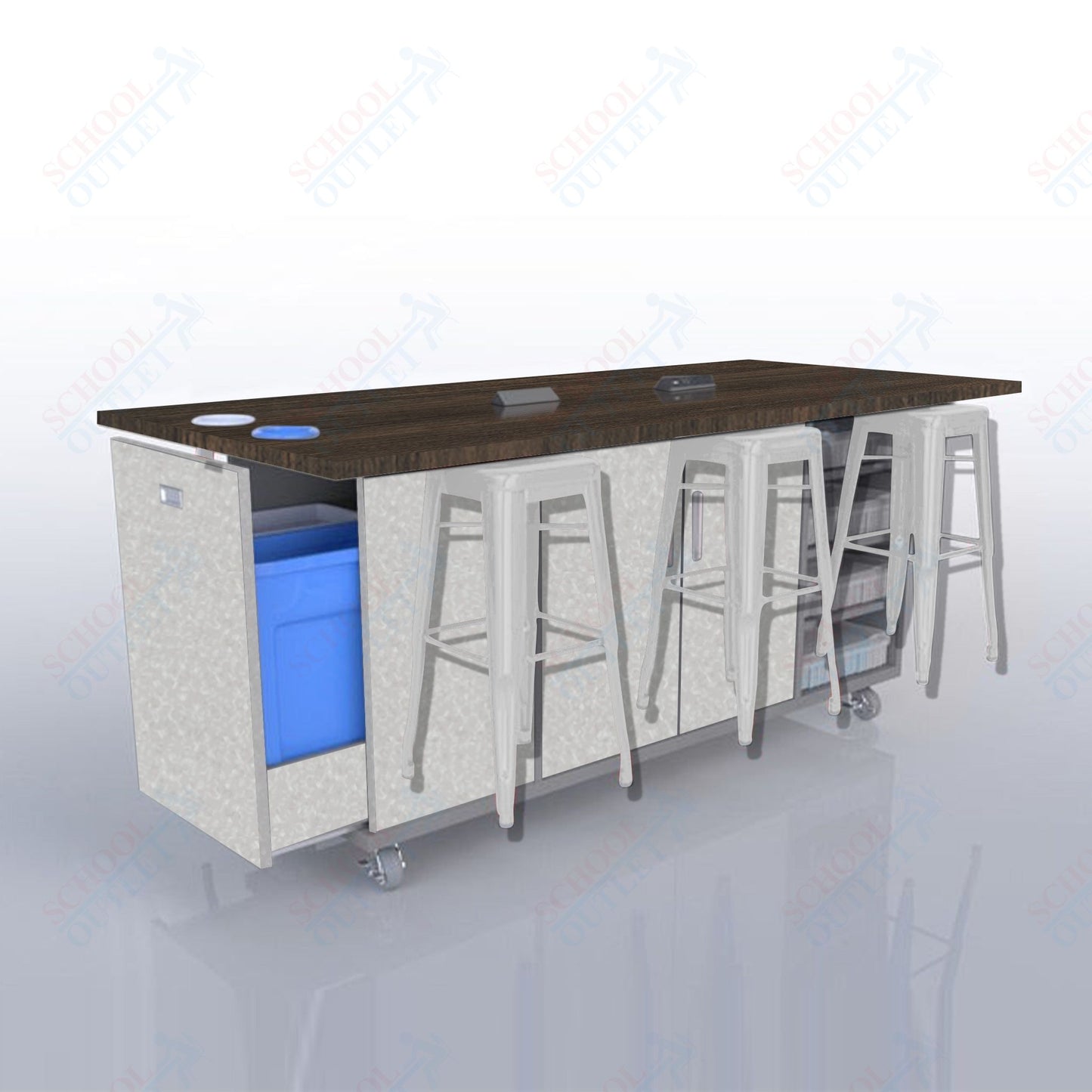 CEF ED Original Table 36"H High Pressure Laminate Top, Laminate Base with  6 Stools, Storage Bins, Trash Bins, and Electrical Outlets Included.