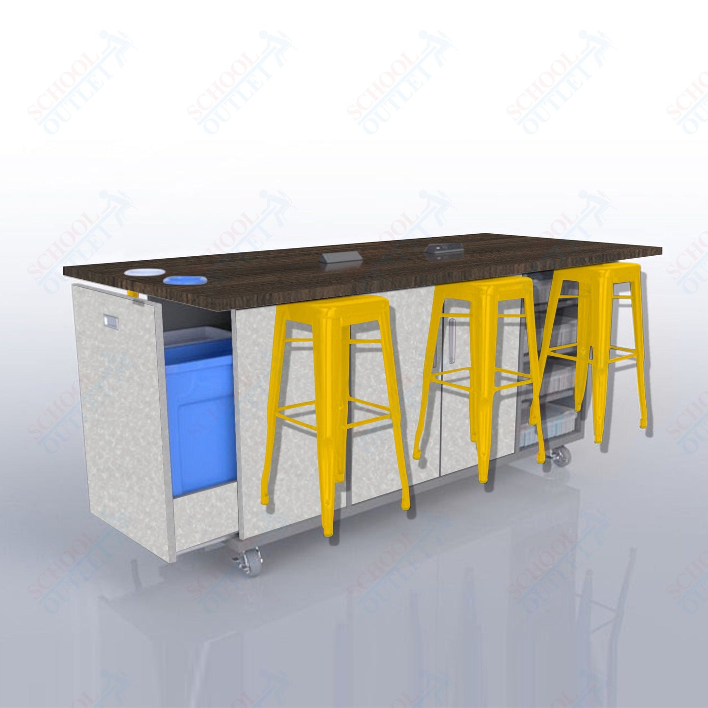 CEF ED Original Table 36"H High Pressure Laminate Top, Laminate Base with  6 Stools, Storage Bins, Trash Bins, and Electrical Outlets Included.