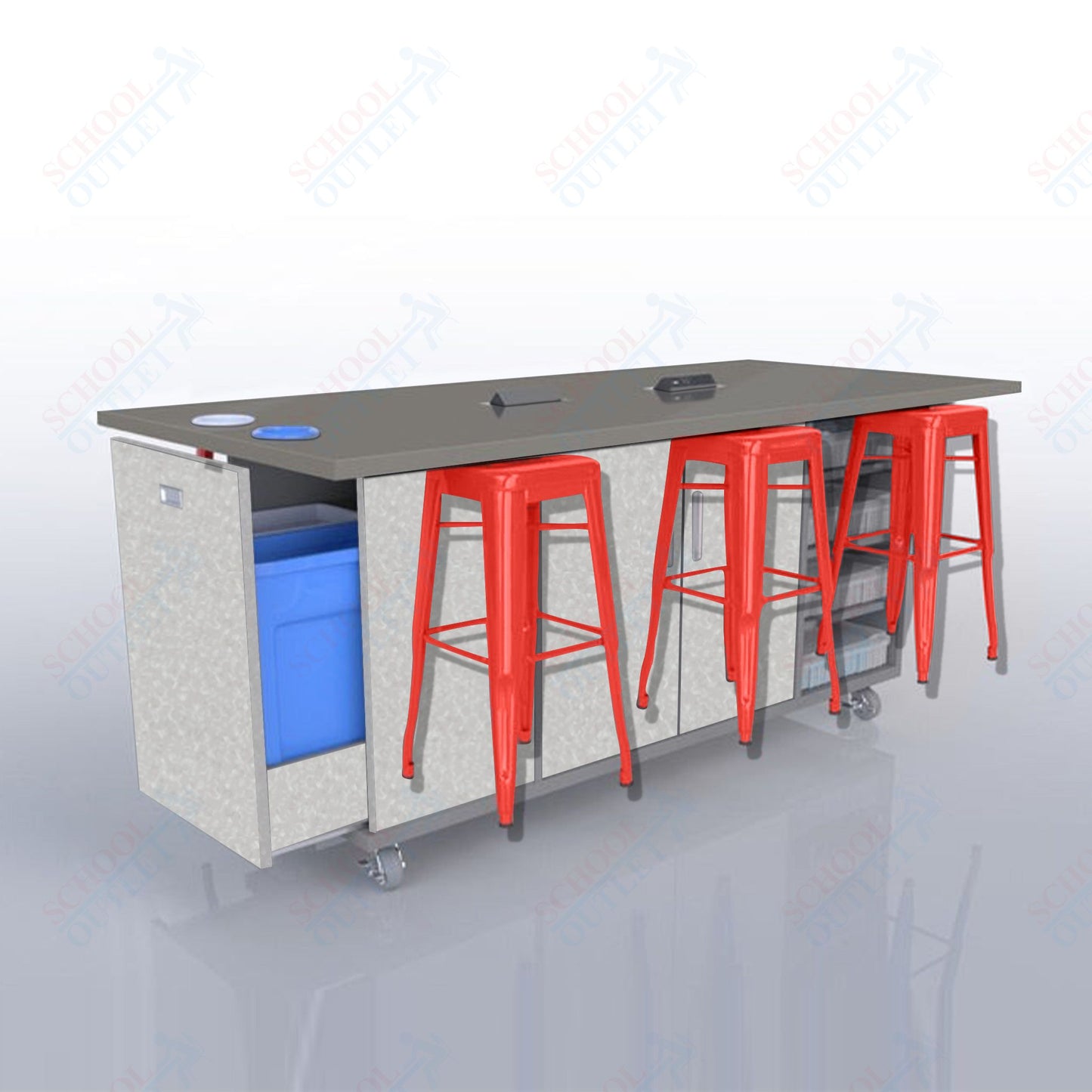 CEF ED Original Table 36"H High Pressure Laminate Top, Laminate Base with  6 Stools, Storage Bins, Trash Bins, and Electrical Outlets Included.