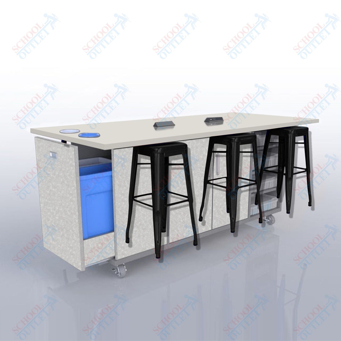 CEF ED Original Table 36"H High Pressure Laminate Top, Laminate Base with  6 Stools, Storage Bins, Trash Bins, and Electrical Outlets Included.