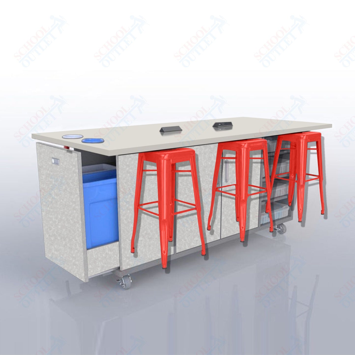 CEF ED Original Table 36"H High Pressure Laminate Top, Laminate Base with  6 Stools, Storage Bins, Trash Bins, and Electrical Outlets Included.