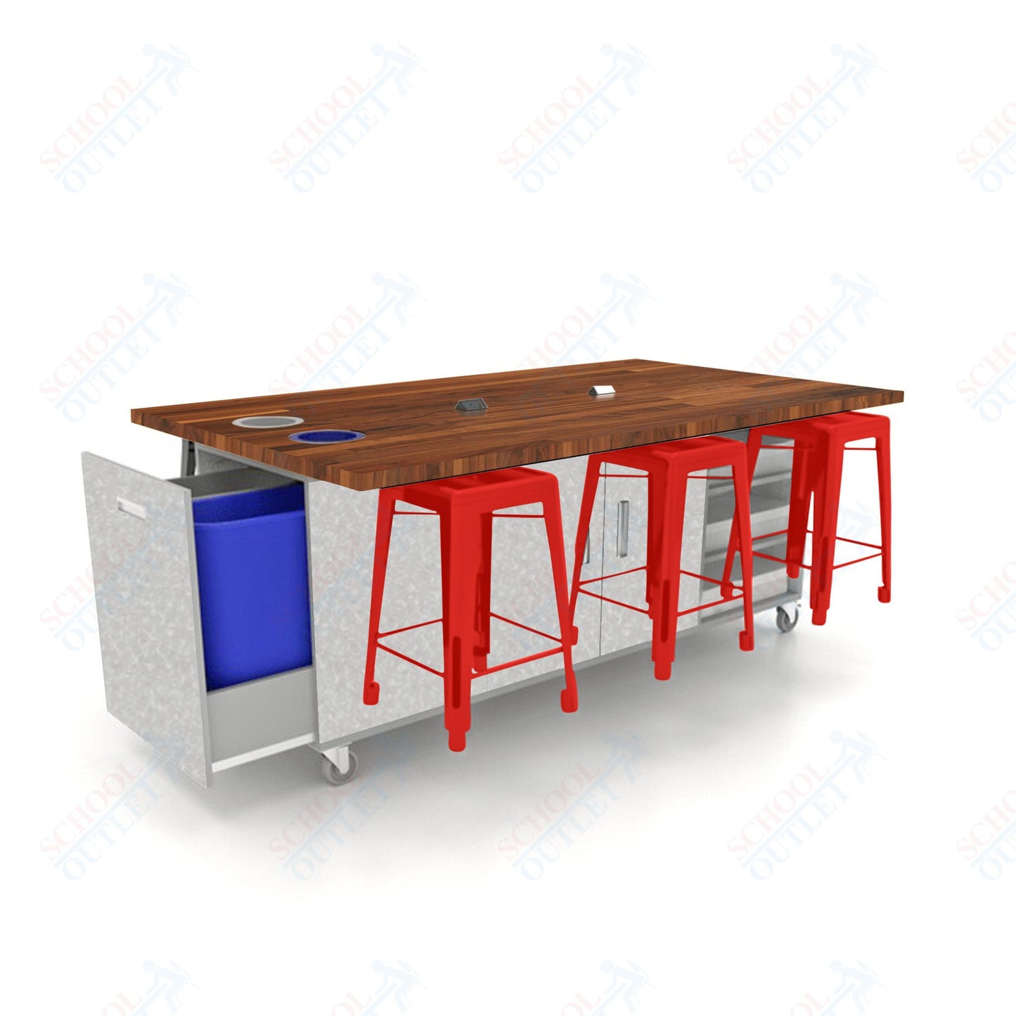 CEF ED Original Table 36"H Butcher Block Top, Laminate Base with  6 Stools, Storage Bins, Trash Bins, and Electrical Outlets Included.