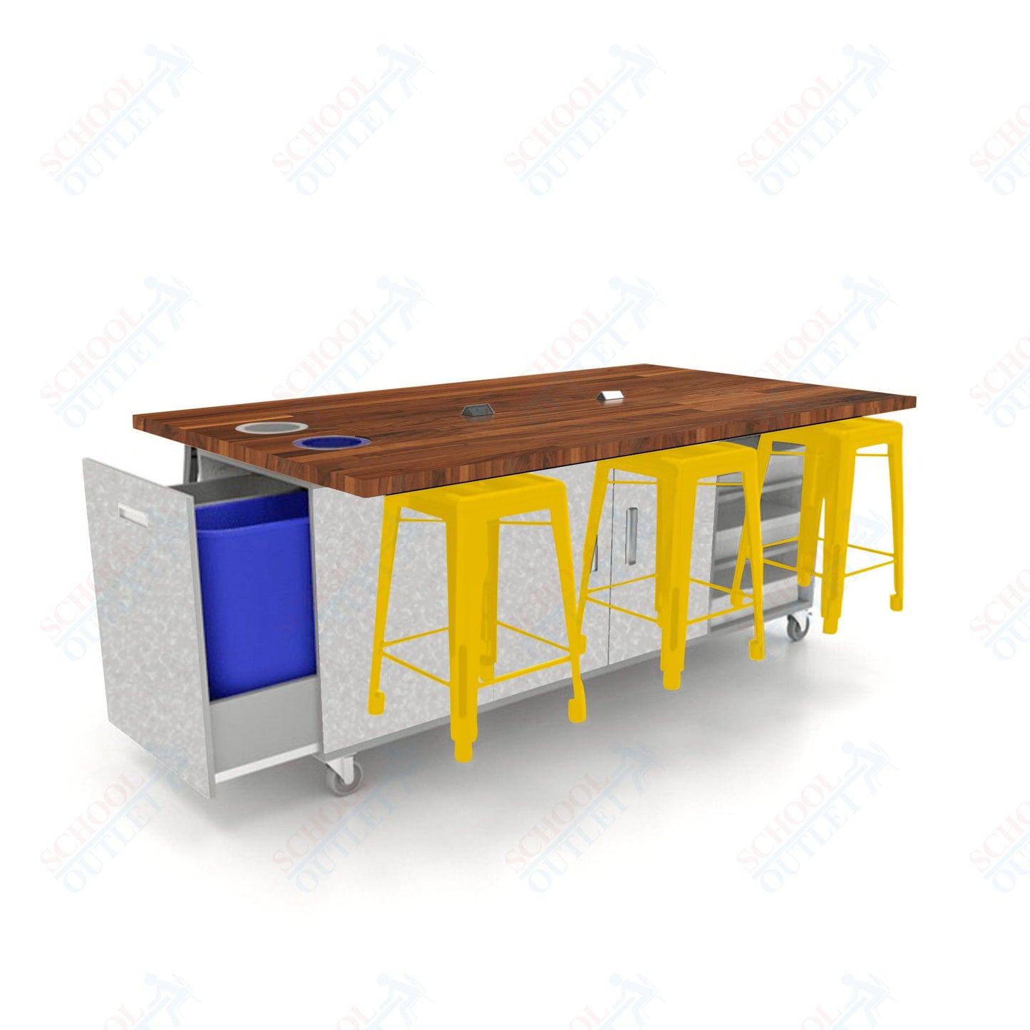 CEF ED Original Table 36"H Butcher Block Top, Laminate Base with  6 Stools, Storage Bins, Trash Bins, and Electrical Outlets Included.