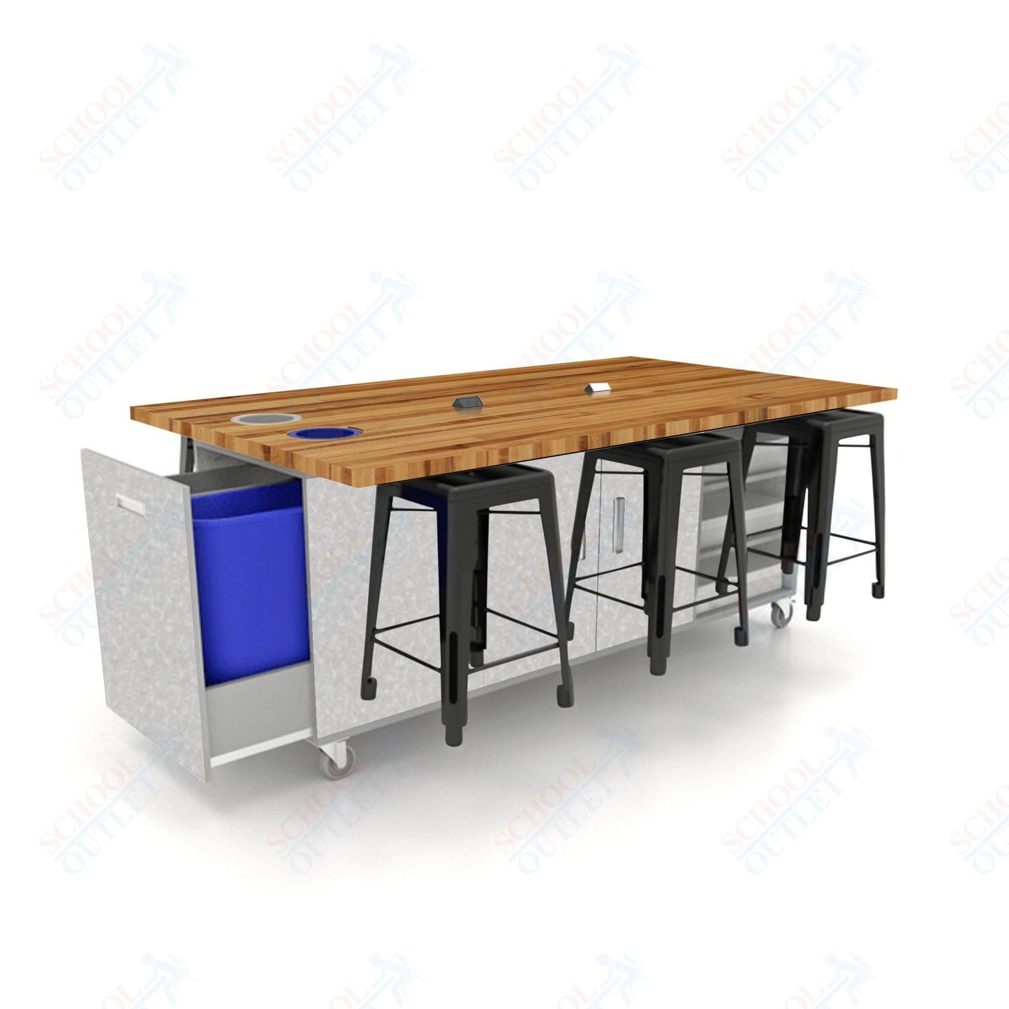 CEF ED Original Table 36"H Butcher Block Top, Laminate Base with  6 Stools, Storage Bins, Trash Bins, and Electrical Outlets Included.