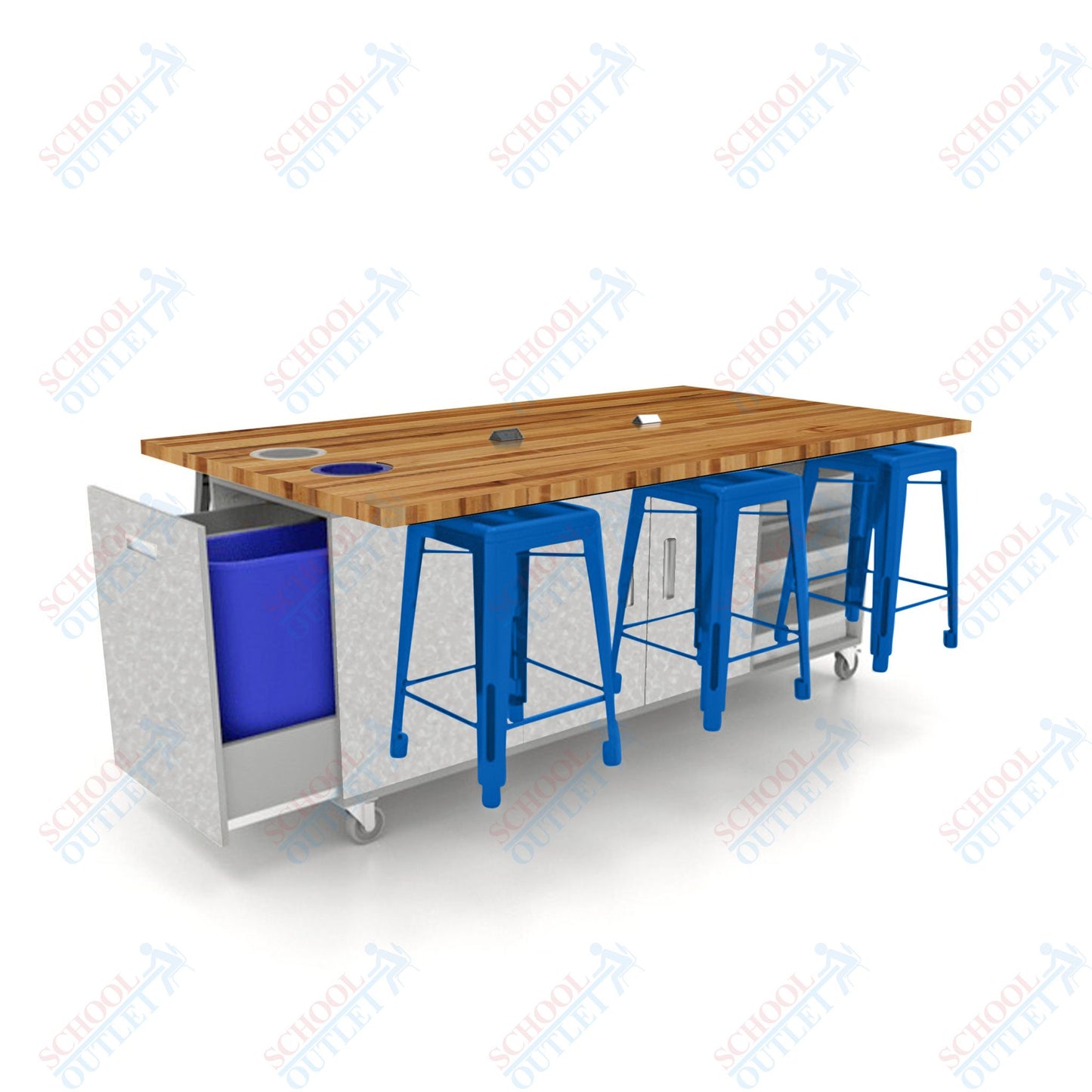 CEF ED Original Table 36"H Butcher Block Top, Laminate Base with  6 Stools, Storage Bins, Trash Bins, and Electrical Outlets Included.