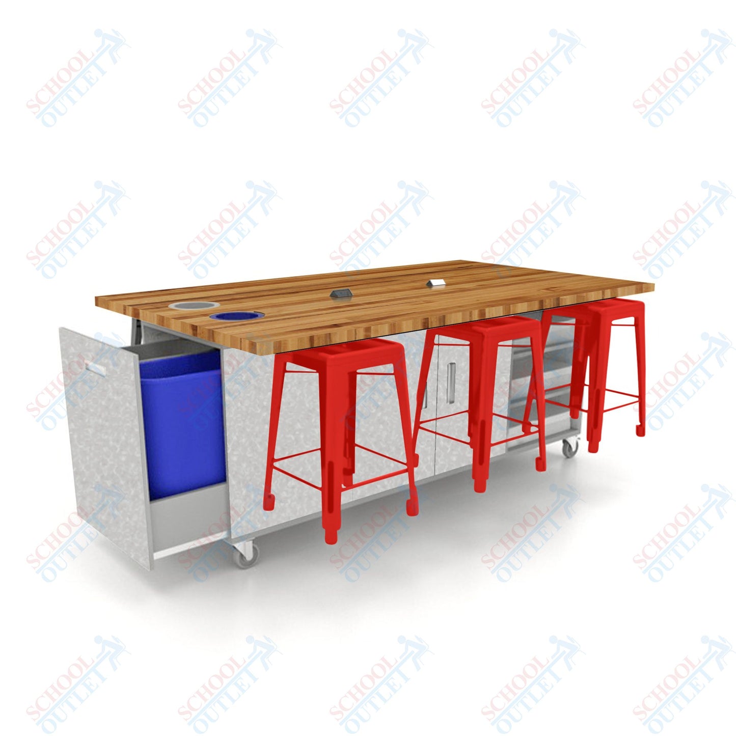 CEF ED Original Table 36"H Butcher Block Top, Laminate Base with  6 Stools, Storage Bins, Trash Bins, and Electrical Outlets Included.