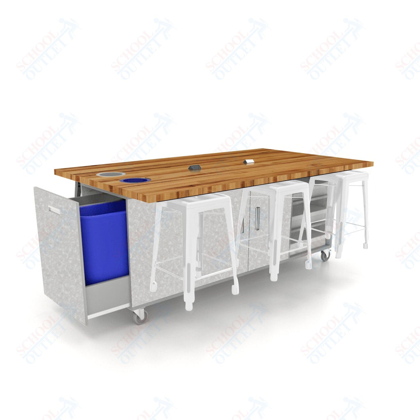 CEF ED Original Table 36"H Butcher Block Top, Laminate Base with  6 Stools, Storage Bins, Trash Bins, and Electrical Outlets Included.