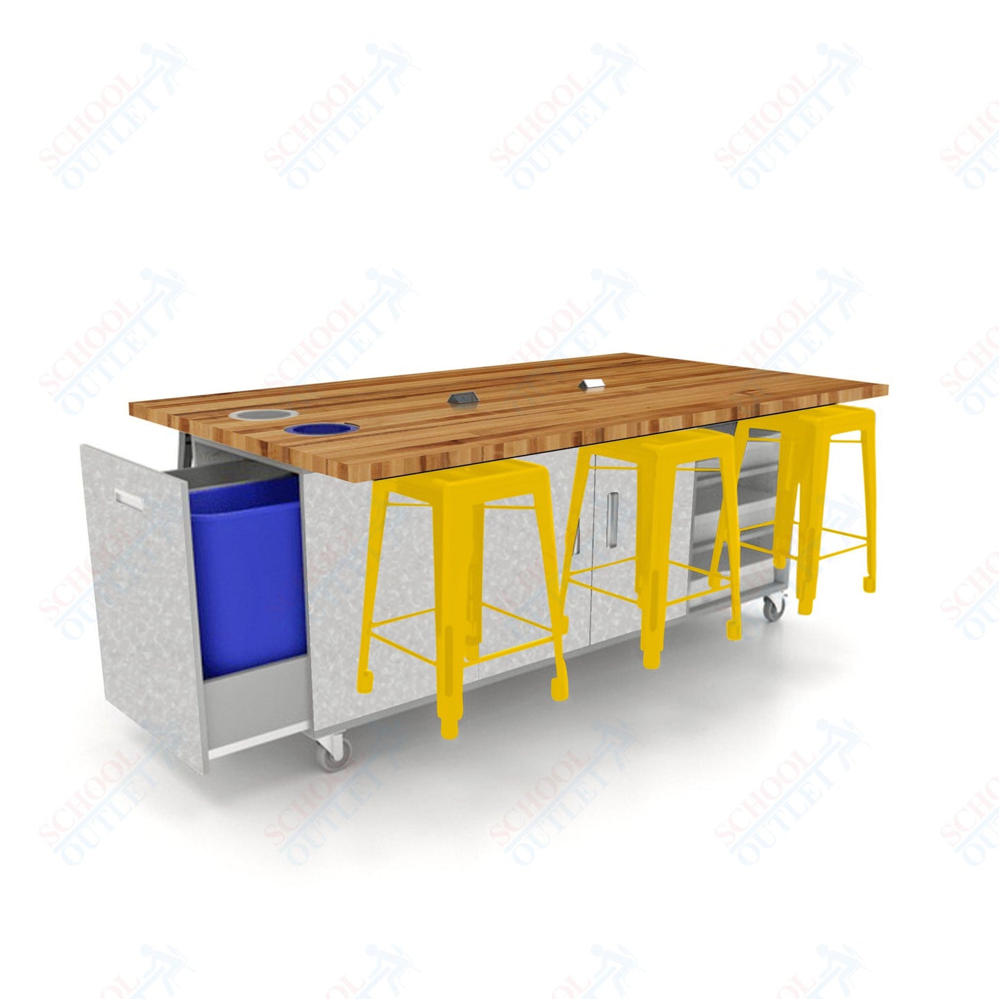 CEF ED Original Table 36"H Butcher Block Top, Laminate Base with  6 Stools, Storage Bins, Trash Bins, and Electrical Outlets Included.