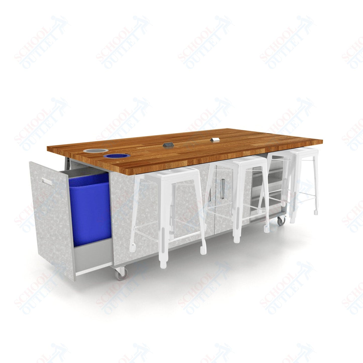 CEF ED Original Table 36"H Butcher Block Top, Laminate Base with  6 Stools, Storage Bins, Trash Bins, and Electrical Outlets Included.