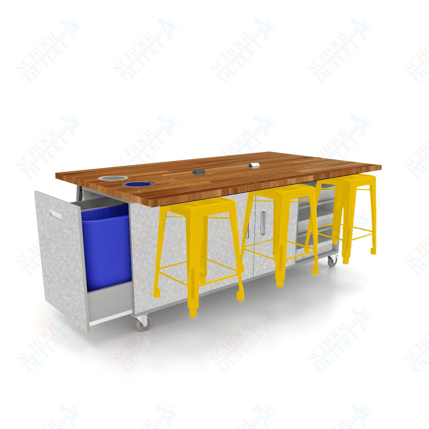 CEF ED Original Table 36"H Butcher Block Top, Laminate Base with  6 Stools, Storage Bins, Trash Bins, and Electrical Outlets Included.