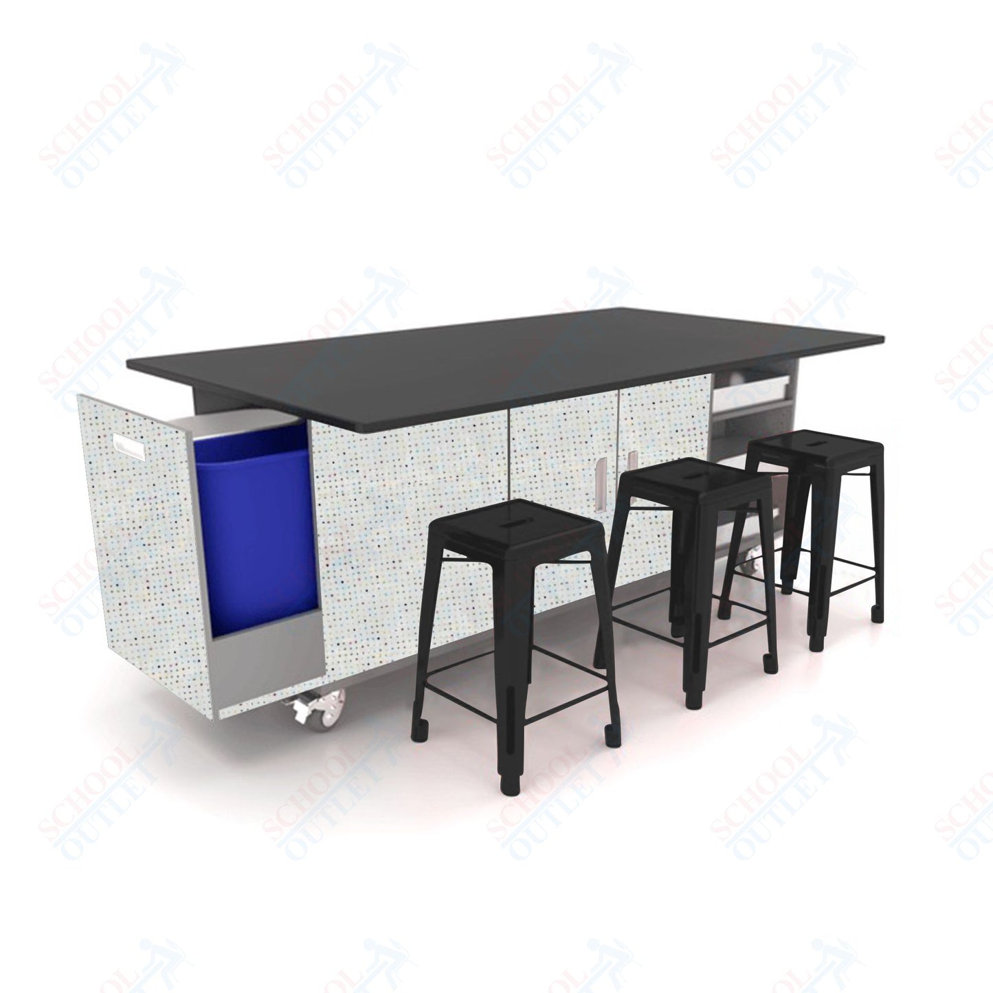 CEF ED Original Table 36"H Chemical Resistant Top, Laminate Base with  6 Stools, Storage Bins, Trash Bins, and Electrical Outlets Included.