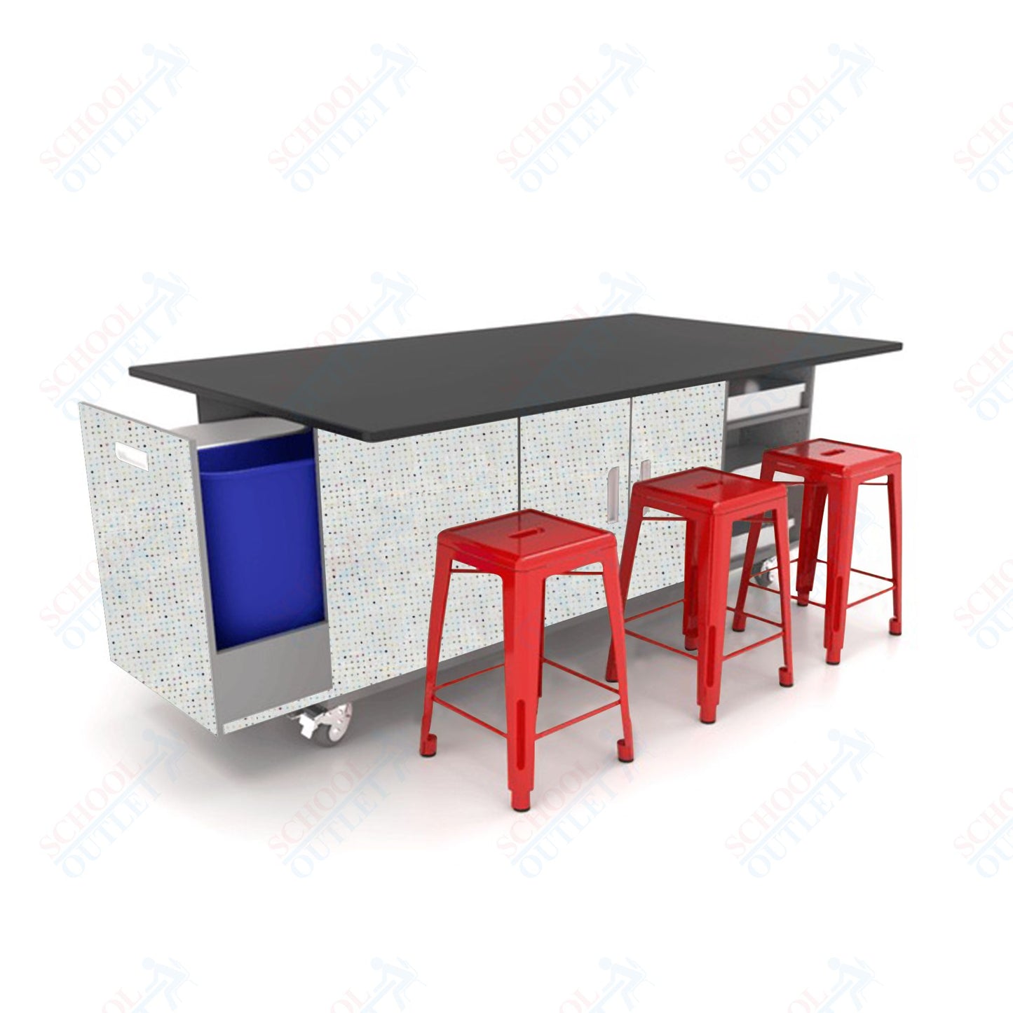 CEF ED Original Table 36"H Chemical Resistant Top, Laminate Base with  6 Stools, Storage Bins, Trash Bins, and Electrical Outlets Included.