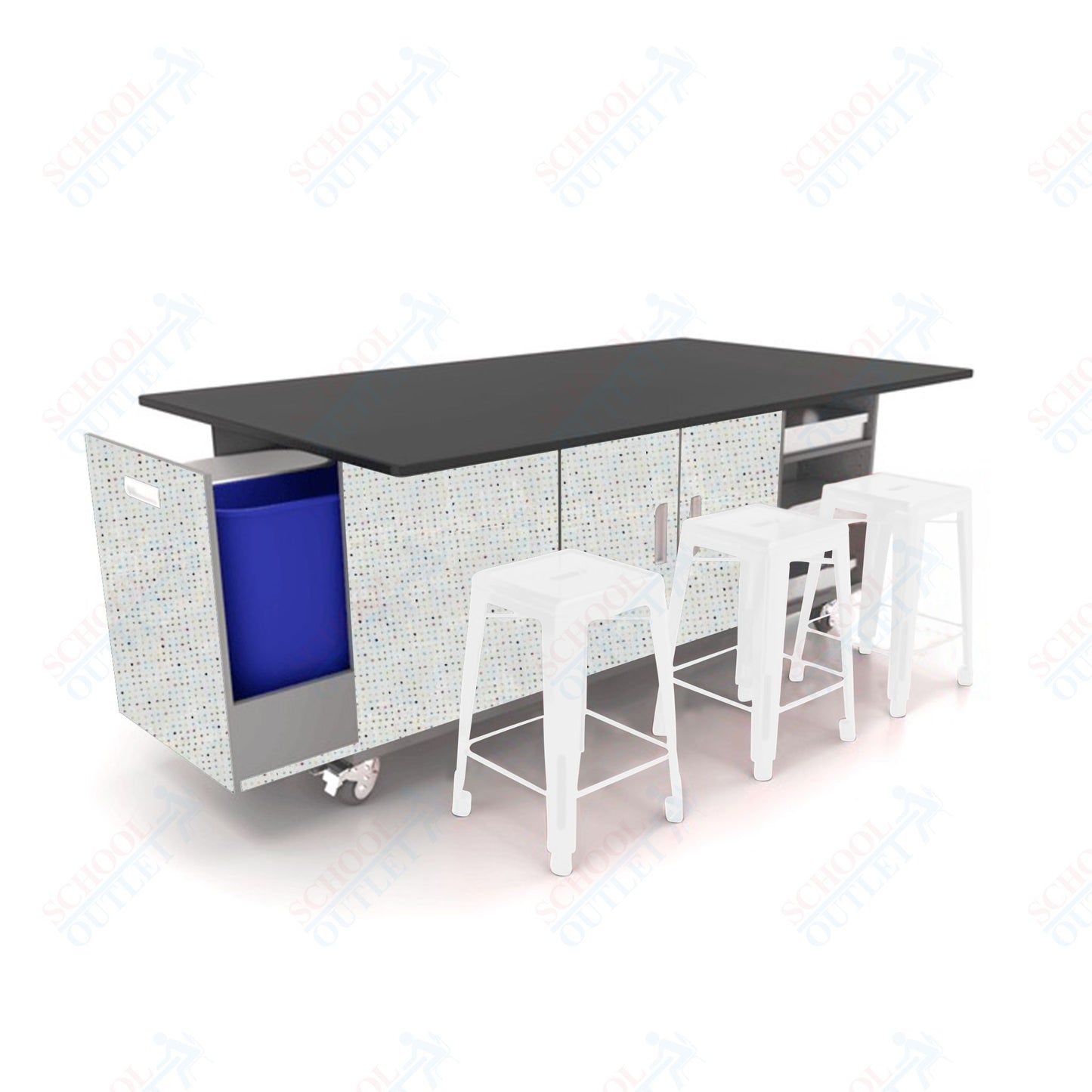 CEF ED Original Table 36"H Chemical Resistant Top, Laminate Base with  6 Stools, Storage Bins, Trash Bins, and Electrical Outlets Included.