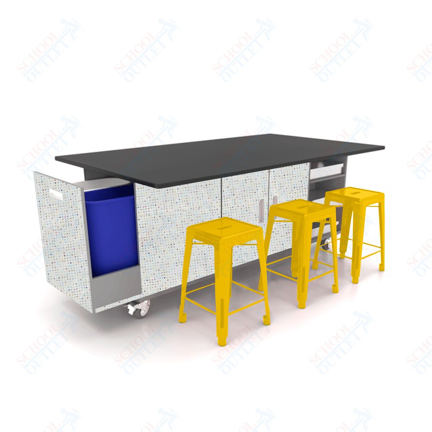 CEF ED Original Table 36"H Chemical Resistant Top, Laminate Base with  6 Stools, Storage Bins, Trash Bins, and Electrical Outlets Included.