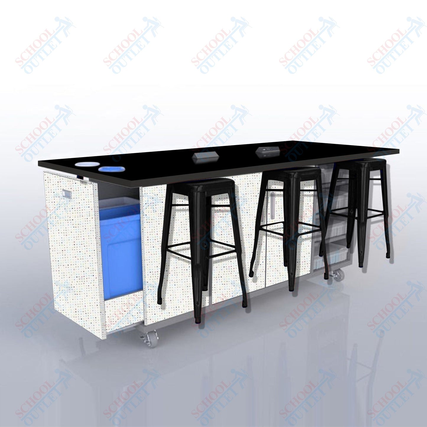 CEF ED Original Table 36"H High Pressure Laminate Top, Laminate Base with  6 Stools, Storage Bins, Trash Bins, and Electrical Outlets Included.