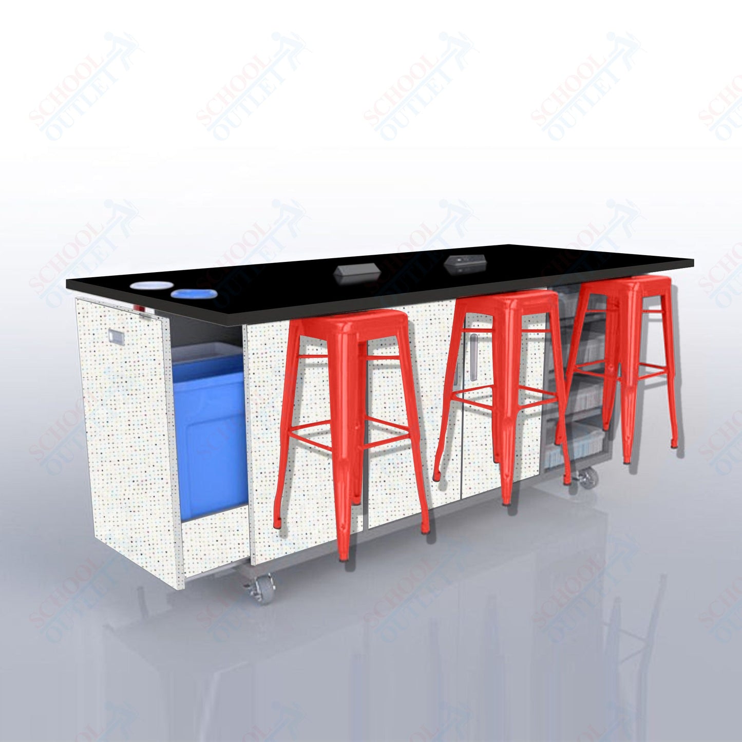 CEF ED Original Table 36"H High Pressure Laminate Top, Laminate Base with  6 Stools, Storage Bins, Trash Bins, and Electrical Outlets Included.