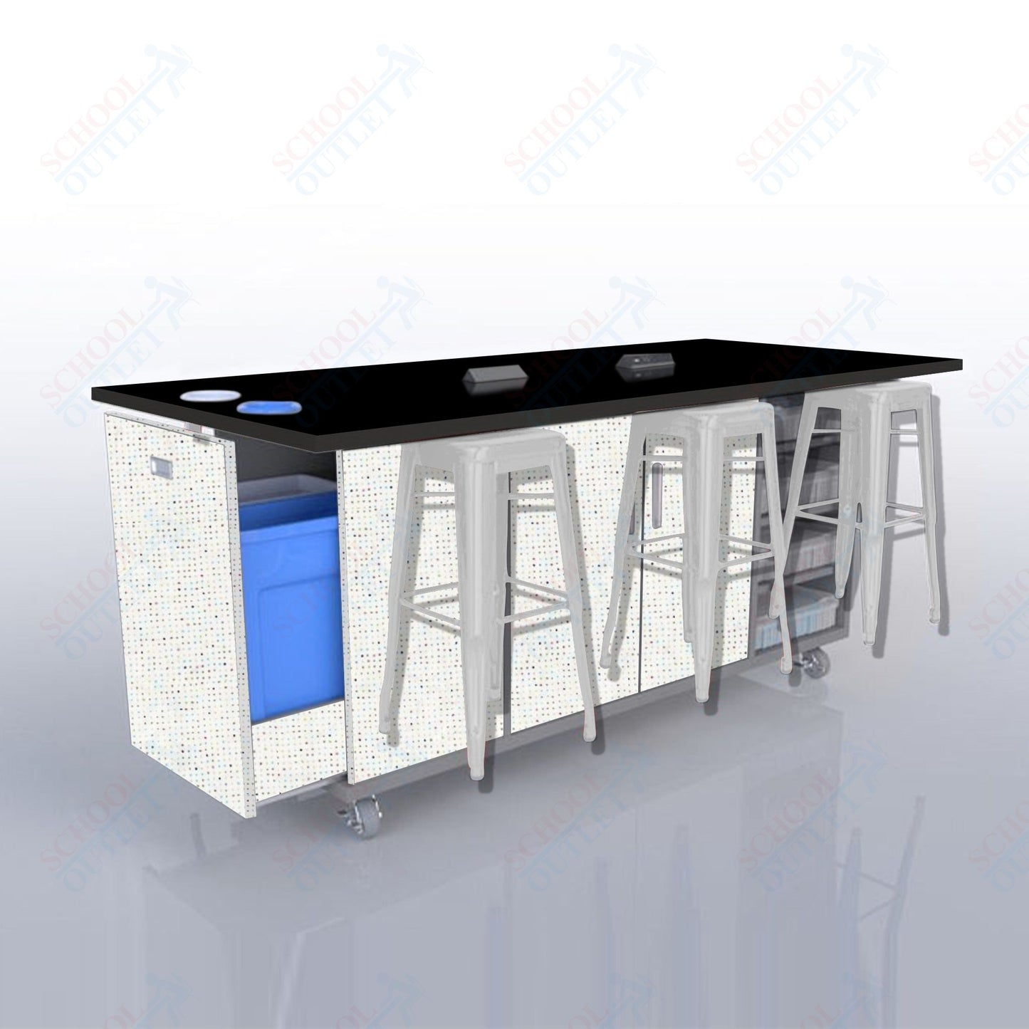 CEF ED Original Table 36"H High Pressure Laminate Top, Laminate Base with  6 Stools, Storage Bins, Trash Bins, and Electrical Outlets Included.