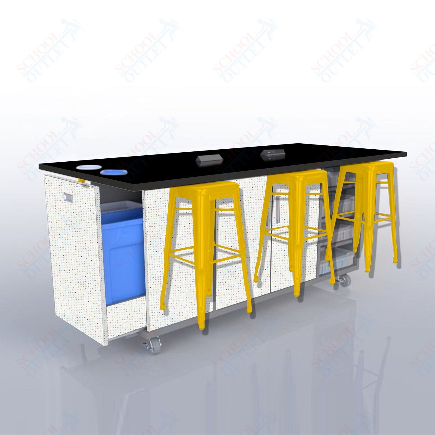 CEF ED Original Table 36"H High Pressure Laminate Top, Laminate Base with  6 Stools, Storage Bins, Trash Bins, and Electrical Outlets Included.