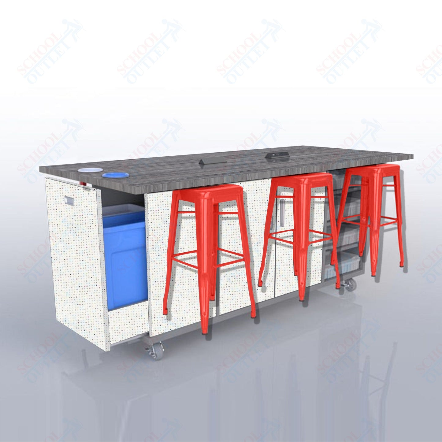 CEF ED Original Table 36"H High Pressure Laminate Top, Laminate Base with  6 Stools, Storage Bins, Trash Bins, and Electrical Outlets Included.