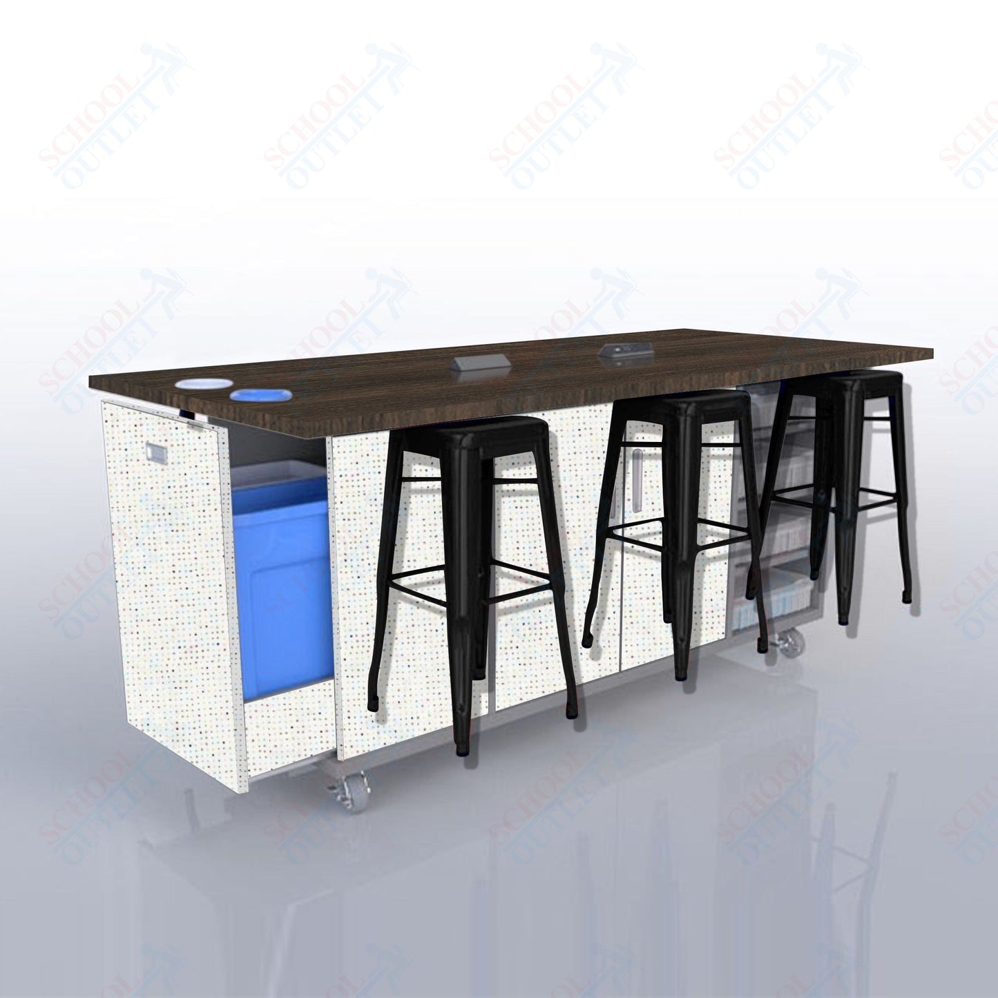 CEF ED Original Table 36"H High Pressure Laminate Top, Laminate Base with  6 Stools, Storage Bins, Trash Bins, and Electrical Outlets Included.