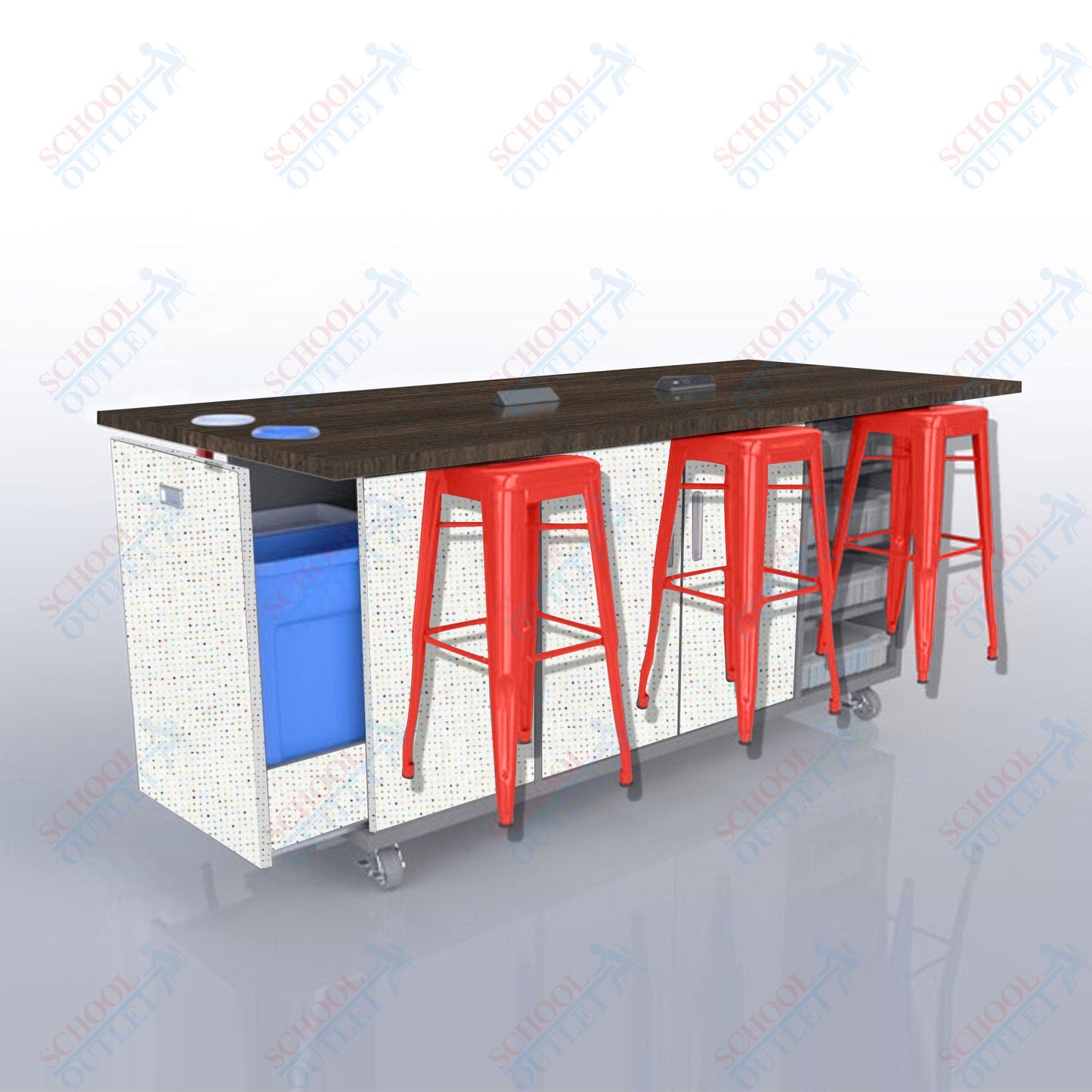 CEF ED Original Table 36"H High Pressure Laminate Top, Laminate Base with  6 Stools, Storage Bins, Trash Bins, and Electrical Outlets Included.