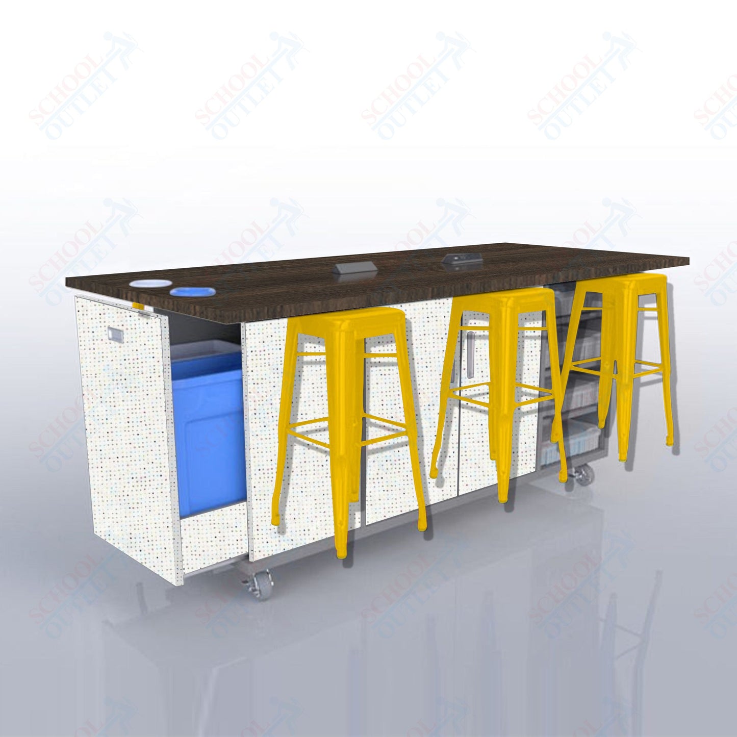 CEF ED Original Table 36"H High Pressure Laminate Top, Laminate Base with  6 Stools, Storage Bins, Trash Bins, and Electrical Outlets Included.