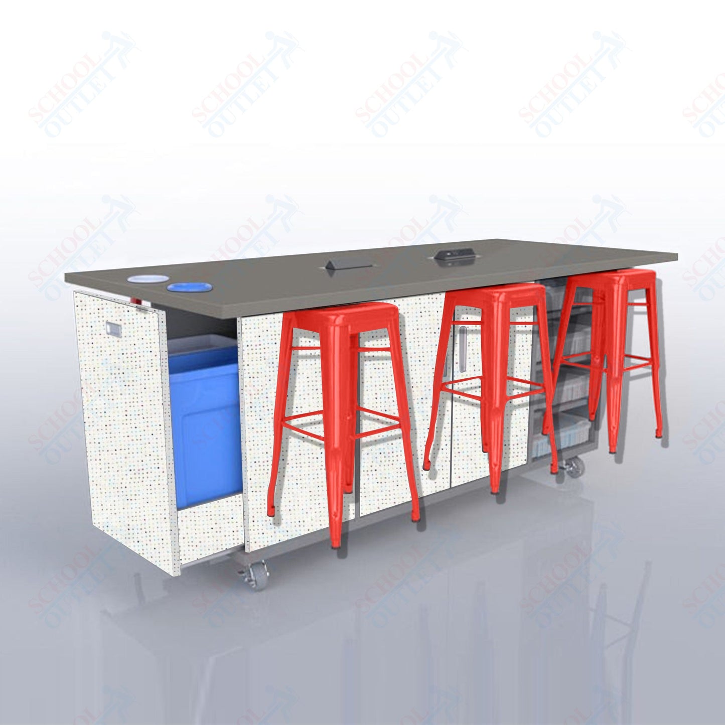 CEF ED Original Table 36"H High Pressure Laminate Top, Laminate Base with  6 Stools, Storage Bins, Trash Bins, and Electrical Outlets Included.