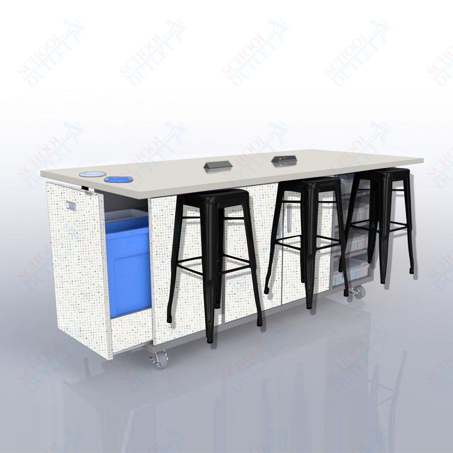 CEF ED Original Table 36"H High Pressure Laminate Top, Laminate Base with  6 Stools, Storage Bins, Trash Bins, and Electrical Outlets Included.