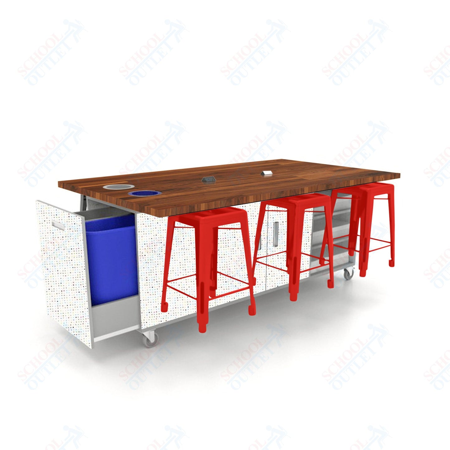 CEF ED Original Table 36"H Butcher Block Top, Laminate Base with  6 Stools, Storage Bins, Trash Bins, and Electrical Outlets Included.