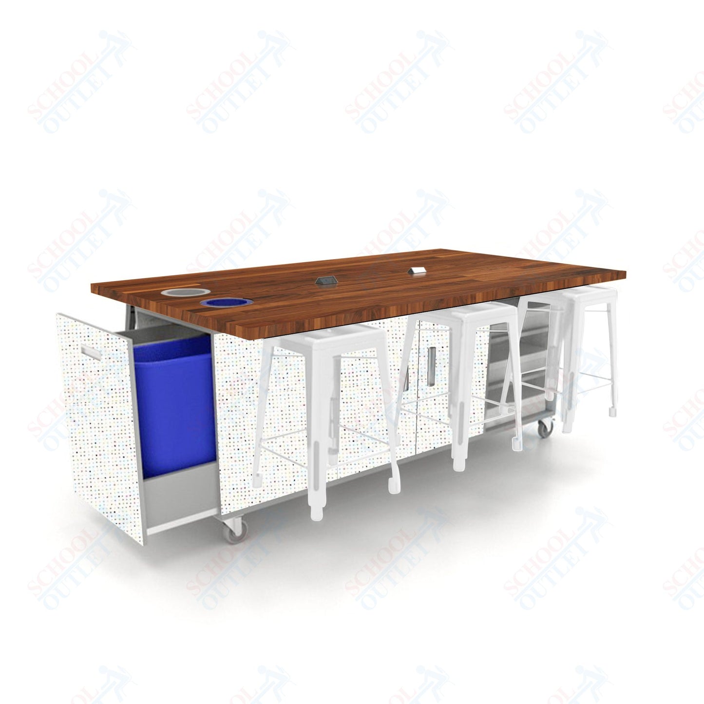 CEF ED Original Table 36"H Butcher Block Top, Laminate Base with  6 Stools, Storage Bins, Trash Bins, and Electrical Outlets Included.