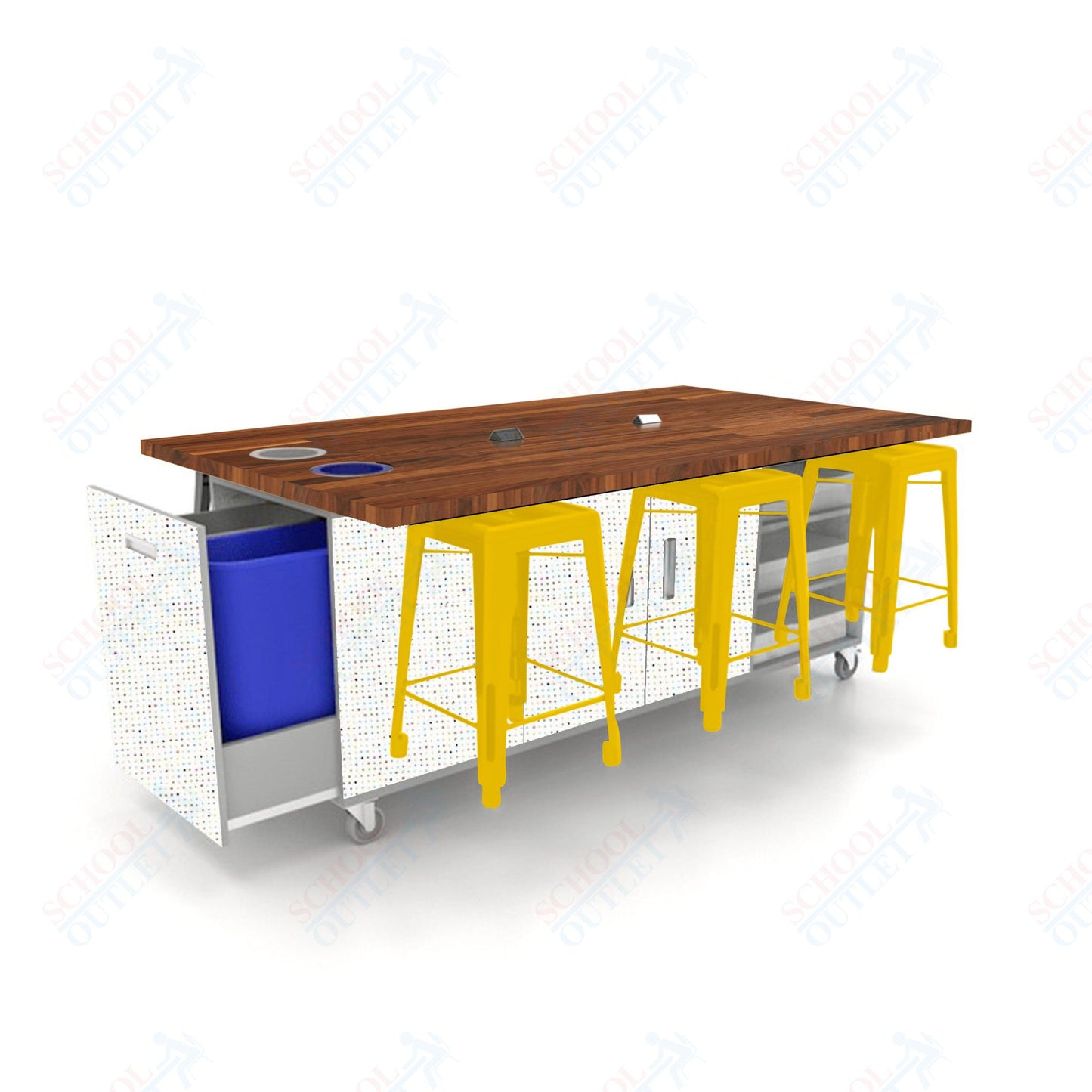 CEF ED Original Table 36"H Butcher Block Top, Laminate Base with  6 Stools, Storage Bins, Trash Bins, and Electrical Outlets Included.