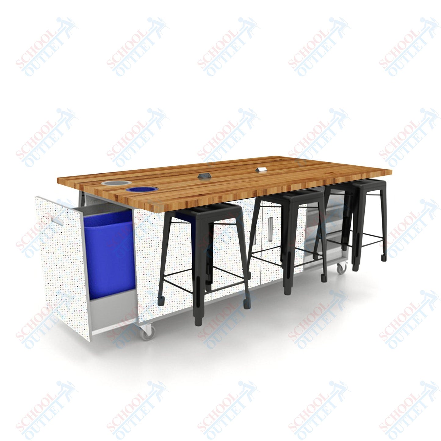 CEF ED Original Table 36"H Butcher Block Top, Laminate Base with  6 Stools, Storage Bins, Trash Bins, and Electrical Outlets Included.