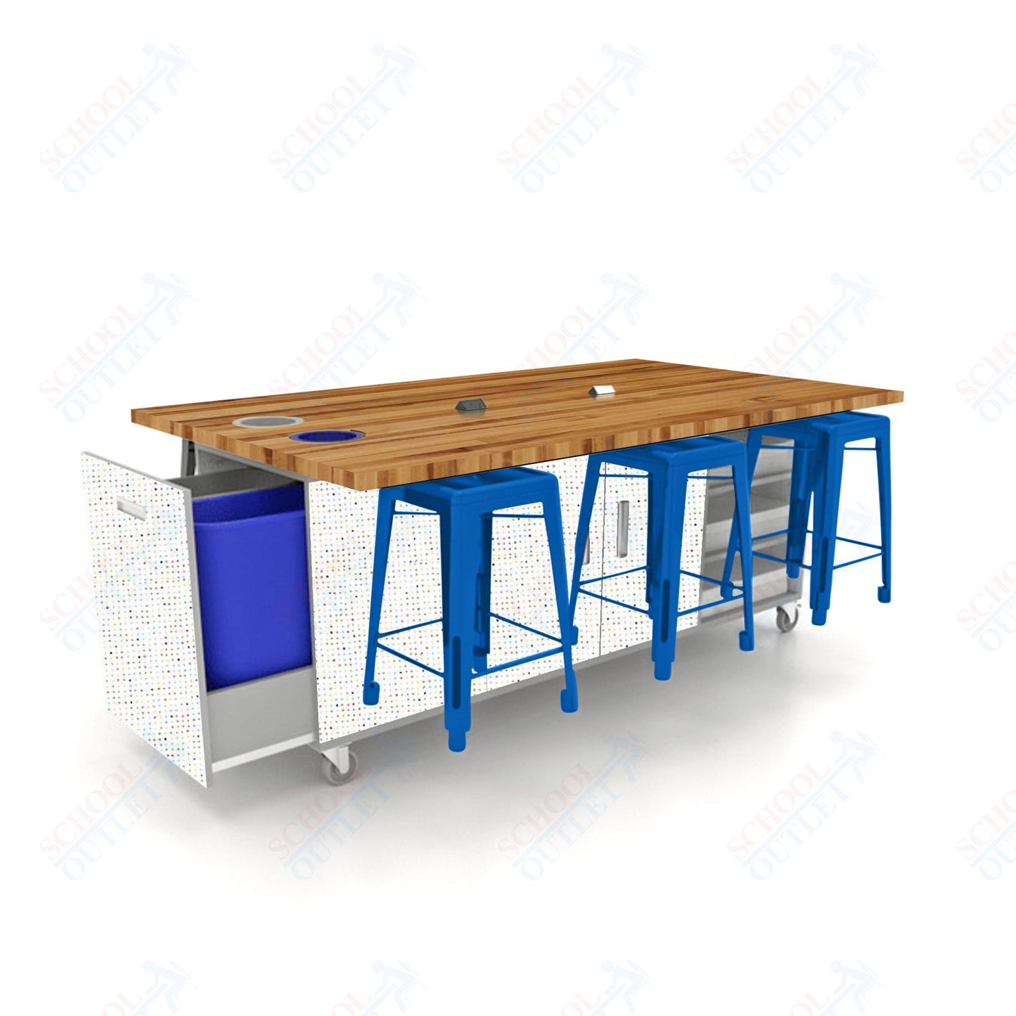 CEF ED Original Table 36"H Butcher Block Top, Laminate Base with  6 Stools, Storage Bins, Trash Bins, and Electrical Outlets Included.