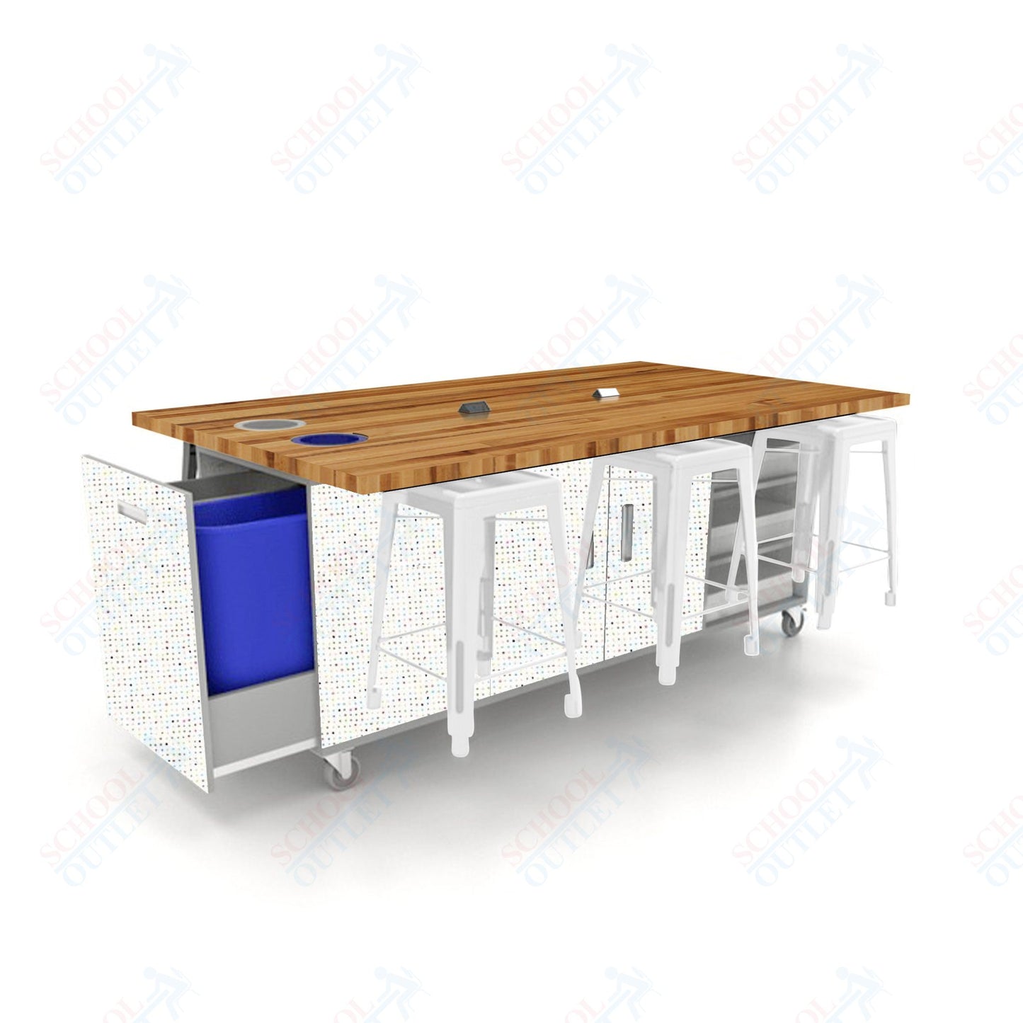 CEF ED Original Table 36"H Butcher Block Top, Laminate Base with  6 Stools, Storage Bins, Trash Bins, and Electrical Outlets Included.