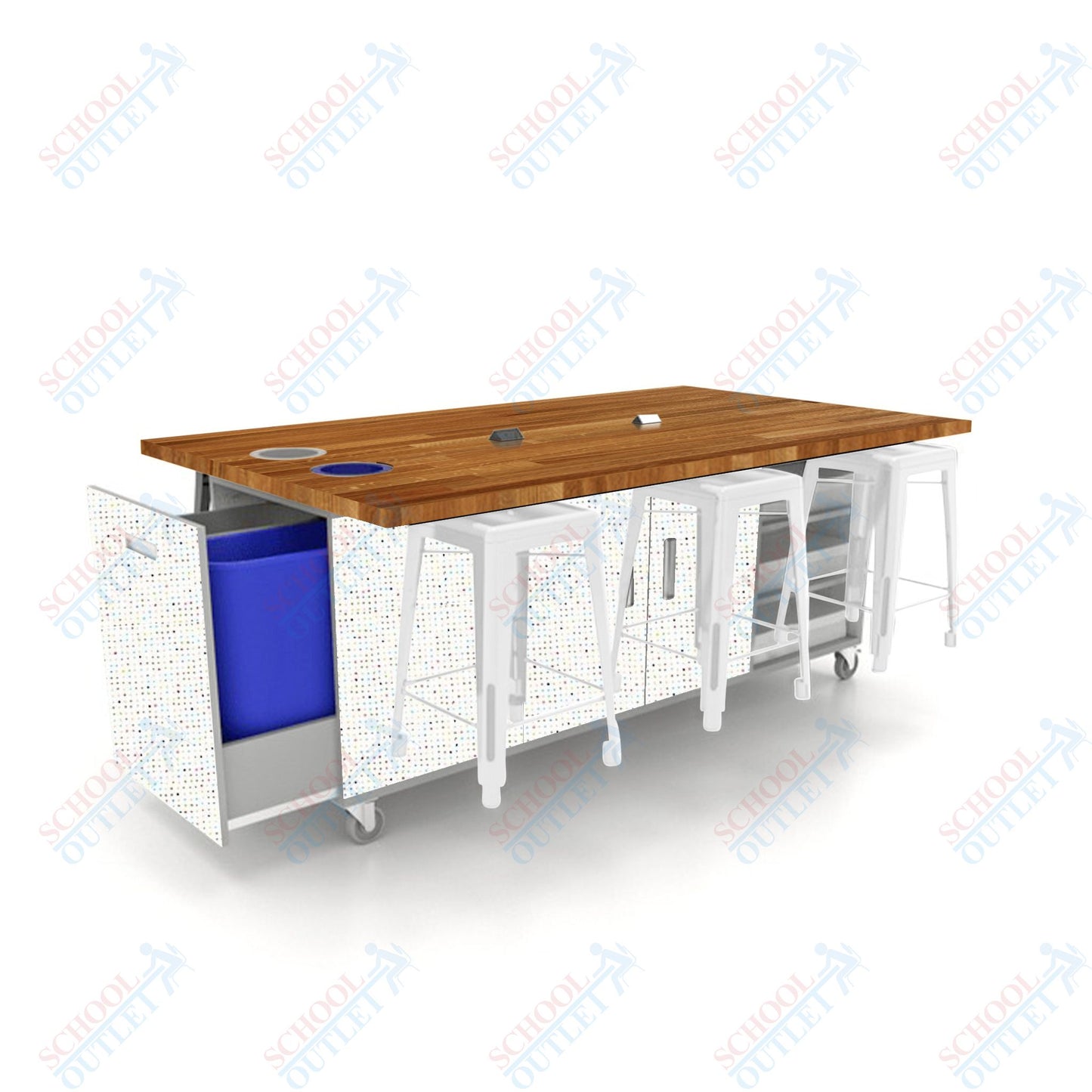 CEF ED Original Table 36"H Butcher Block Top, Laminate Base with  6 Stools, Storage Bins, Trash Bins, and Electrical Outlets Included.