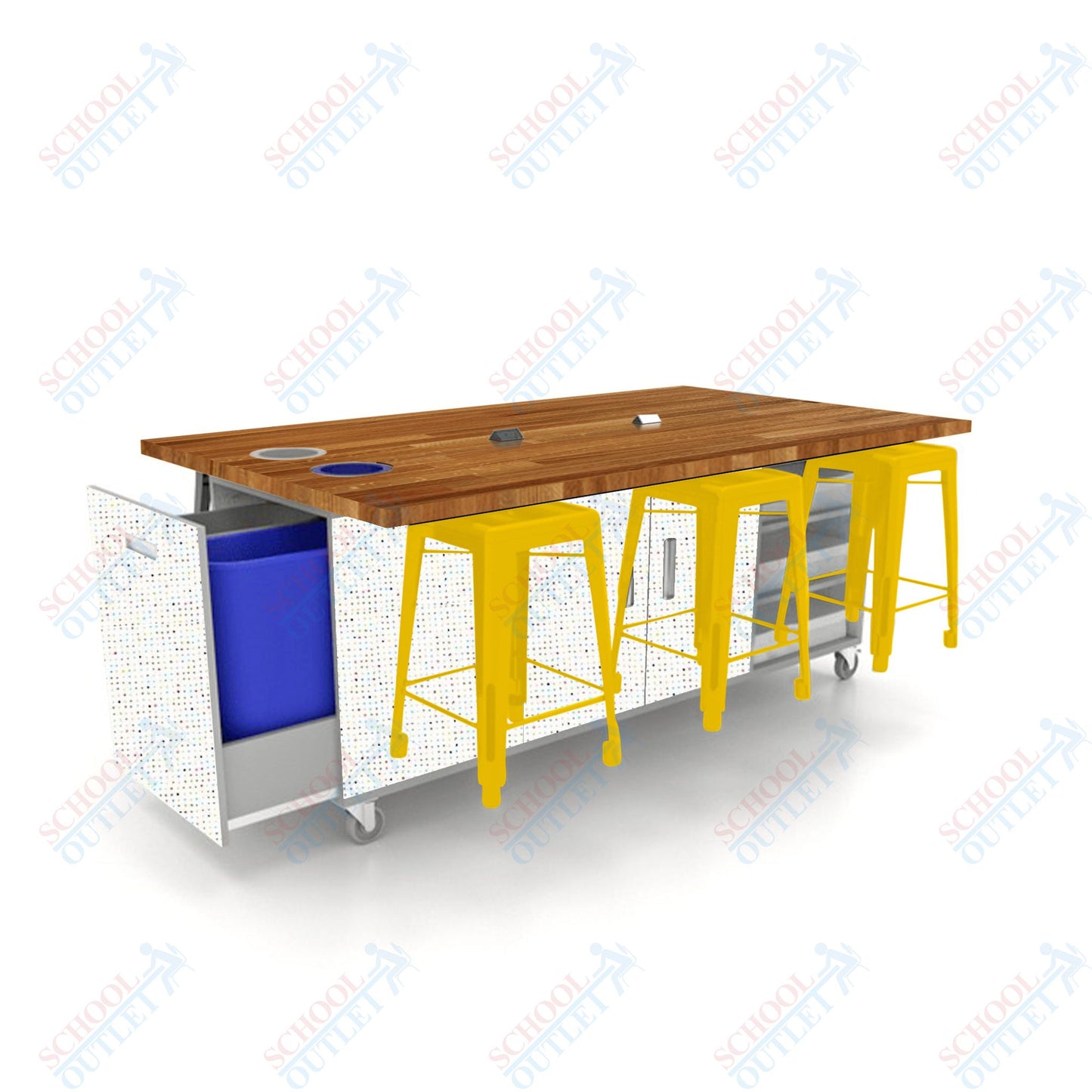 CEF ED Original Table 36"H Butcher Block Top, Laminate Base with  6 Stools, Storage Bins, Trash Bins, and Electrical Outlets Included.