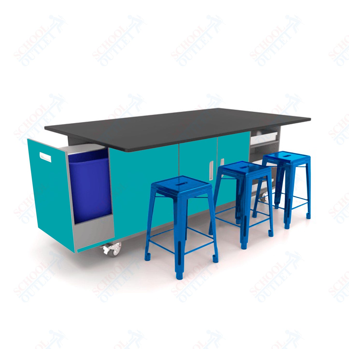 CEF ED Original Table 36"H Chemical Resistant Top, Laminate Base with  6 Stools, Storage Bins, Trash Bins, and Electrical Outlets Included.